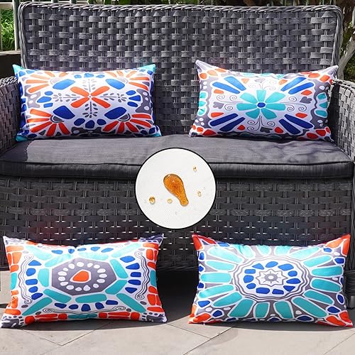 ONWAY Juego de 4 fundas de almohada impermeables para exteriores de 12 x 20 pulgadas, diseño floral, bohemio, decorativas, para casa de campo, para
