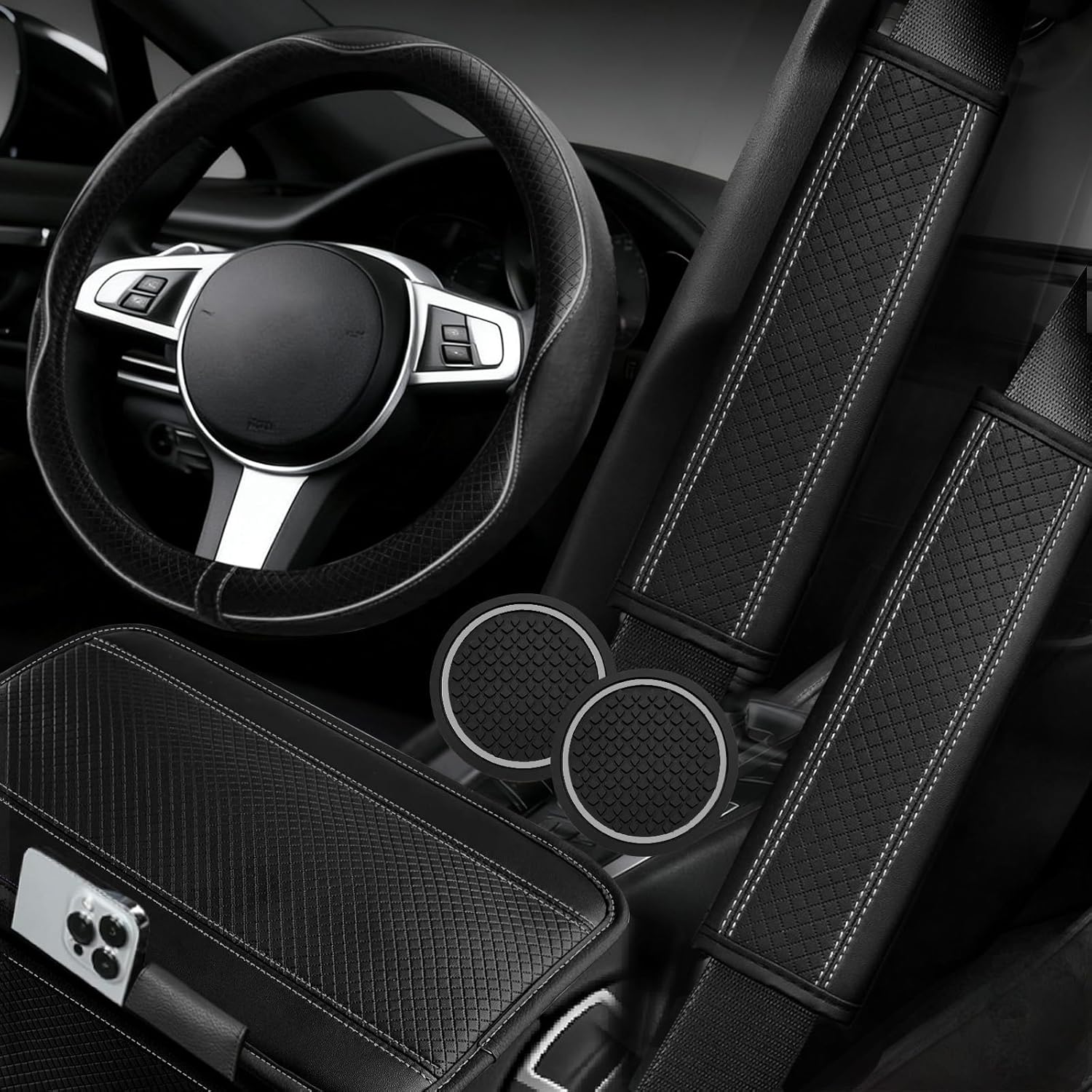 NBTEPEM 6 PCS Car Steering Wheel Cover Set, Microfiber Leather Steering Wheel Covers Universal 14.5-15 inch, Center Console Cover, Seat Belt Cushion, Cup Coaster, Car Accessories Set Black Gray