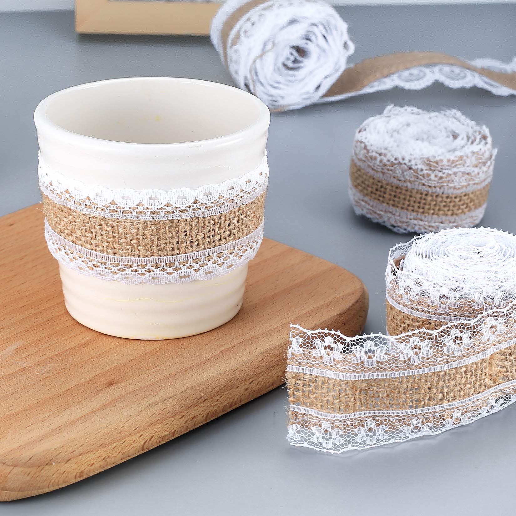 Nastro In Juta Con Pizzo Bianco | 8 Rotoli Da 2m X 4cm | Per Matrimoni, Natale, Regali, Decorazioni Rustiche - Foto 6