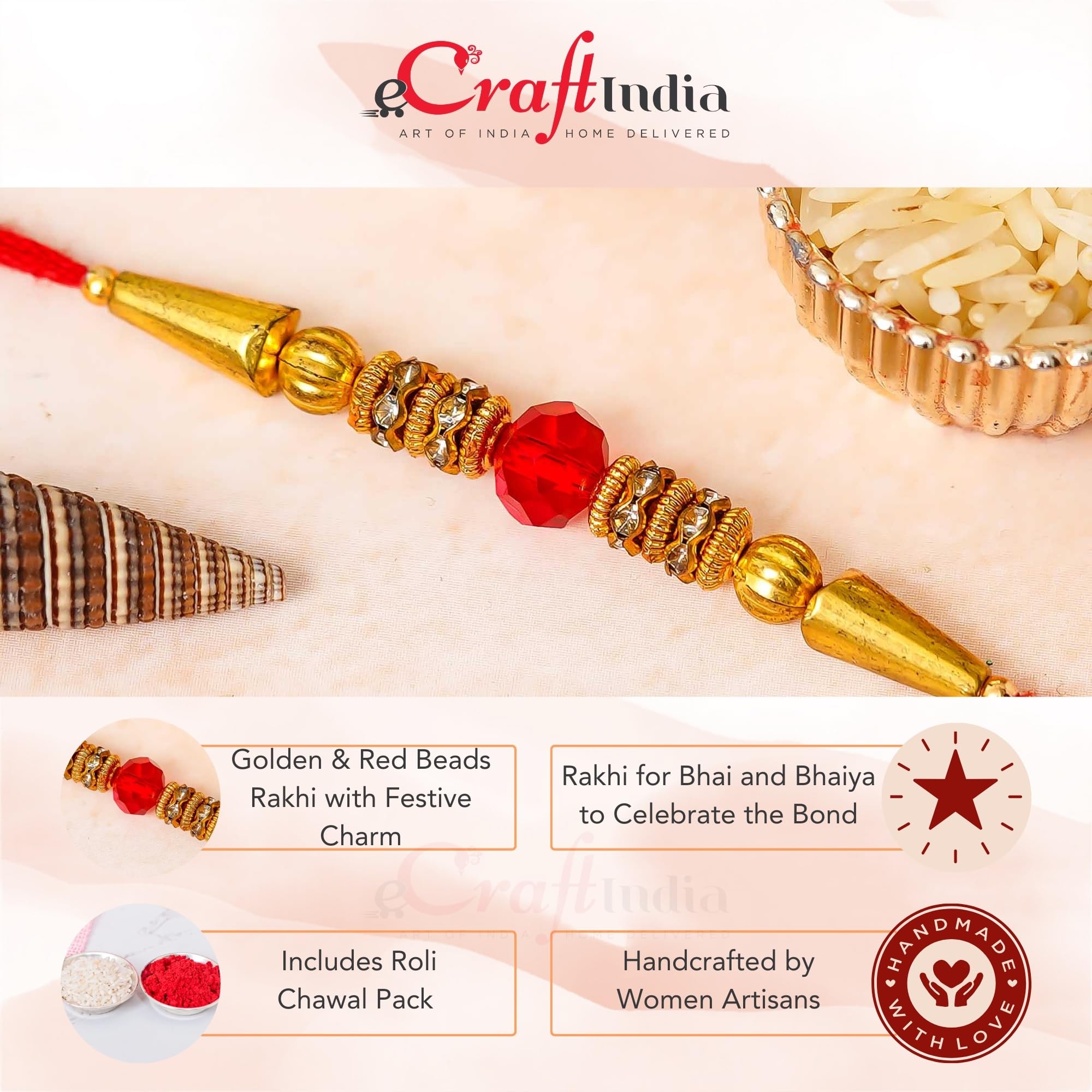 eCraftIndia Golden Red Beads Designer Rakhi for Brother With Gift Combo Set Hamper | Raksha Bandhan Rakhi for Bhai Bhaiya Kids Boy | Best Bro Ever Fridge Magnet | Roli Chawal Pack 2