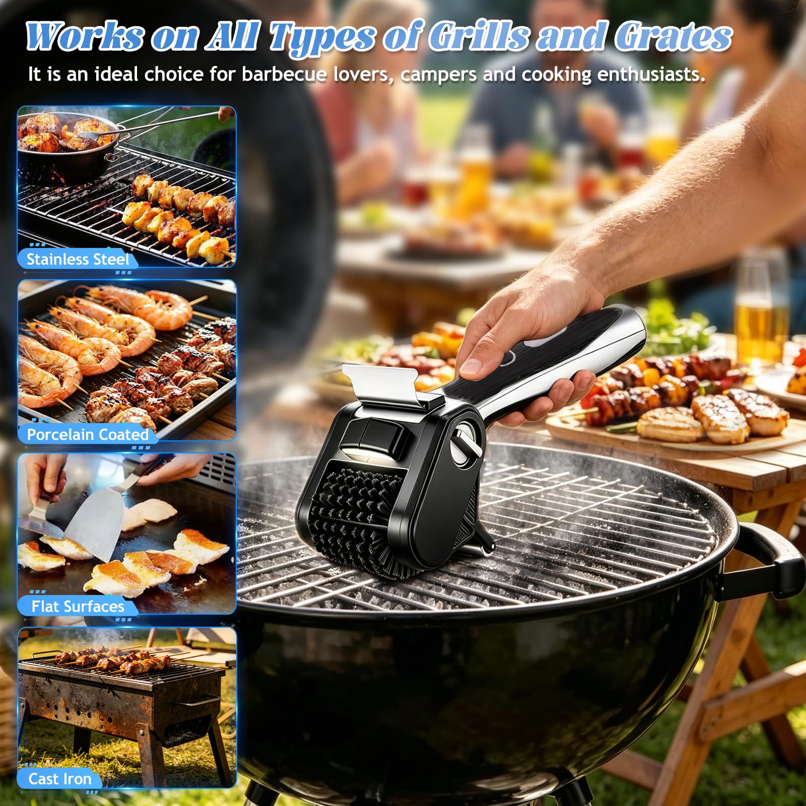 Brosse Électrique pour Barbecue, Brosse Nettoyante Électrique Barbecue sans Fil avec Tête et Grattoir en Acier Inoxydable, 450 TR/Min, 150 Min Autonomie, Gants et Flacon Pulvérisateur Inclus