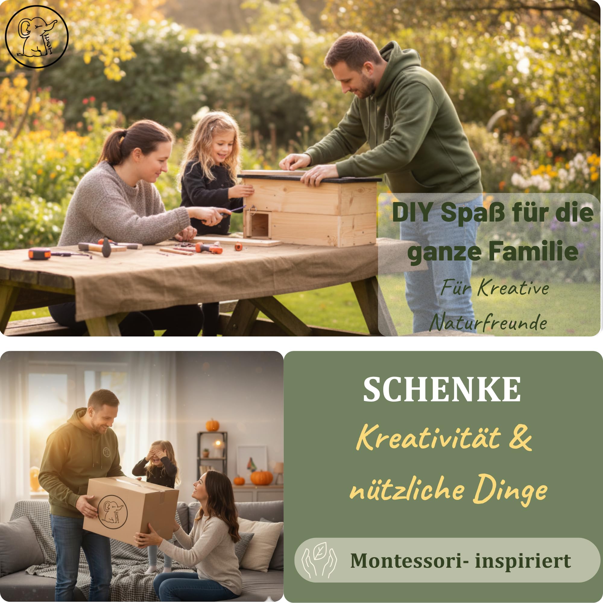 Eli® Igelhaus Bausatz für Kinder mit Rattenklappe und Labyrintheingang | bodenloser Set aus Kiefernholz zum Bemalen – inkl 6 Farben - Pinsel - Schrauben - Schablonen & Vorlagen - Jungen - Mädchen