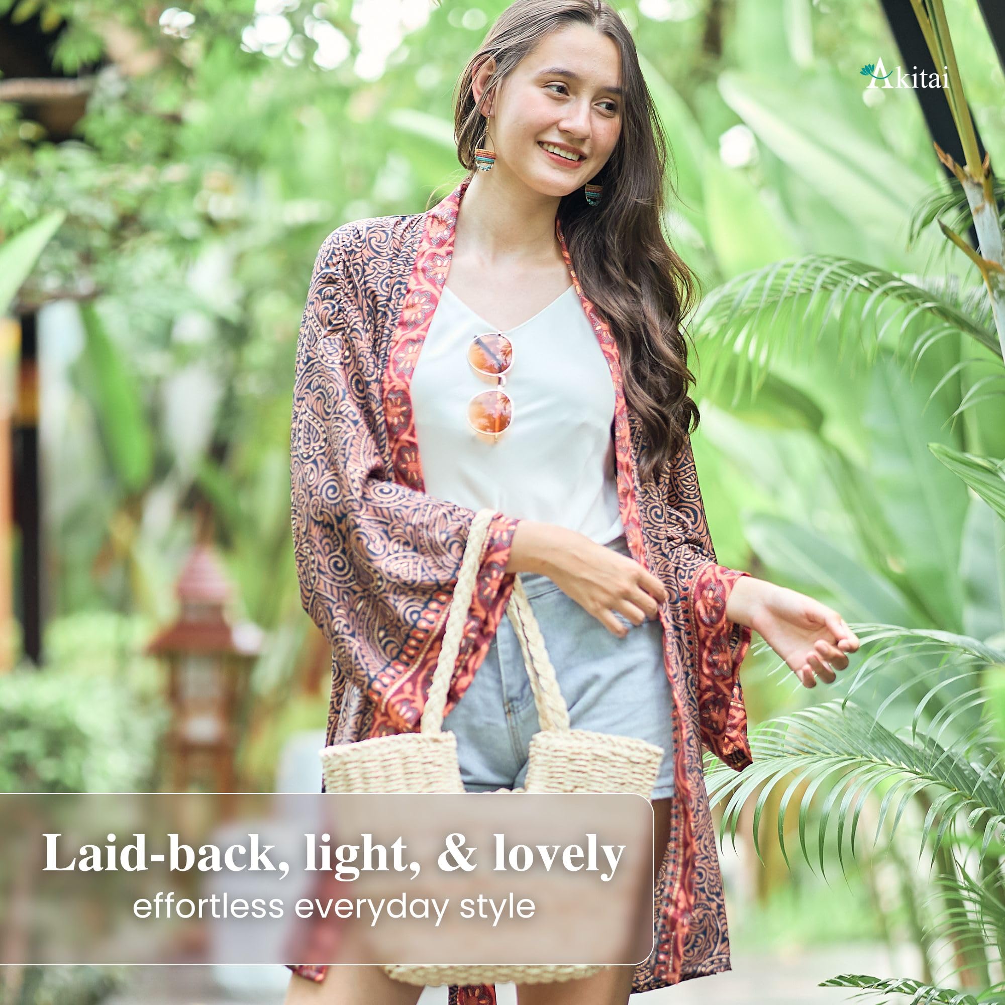 Kimono Boho da donna, 100% cotone kasturi, chiusura con gancio e anello, maniche a 3/4, comfort per tutte le stagioni, top kimono da donna per l'estate, versatile per spiaggia, vacanze