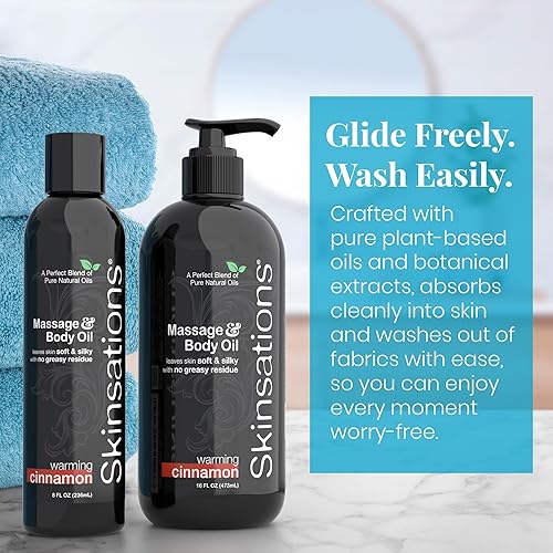 Miniatura 8 de Skinsations - Aceite de masaje y cuerpo - Canela de 8 onzas  Ligera y sedosa suave, naturalmente cálida mezcla de almendras dulces comestibles, coco