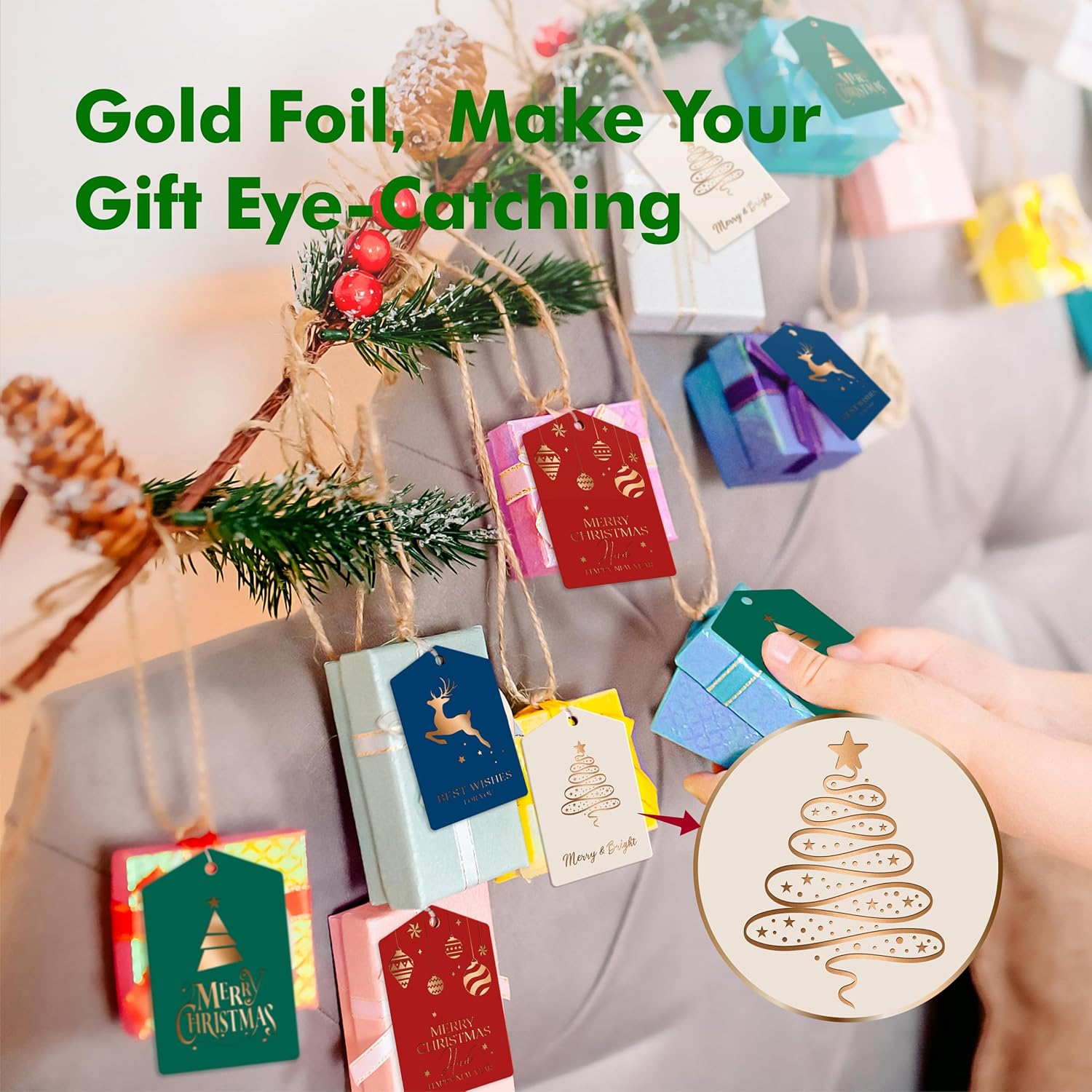 100 PCS Christmas Gift Tags, Gold Foil Design Gift Wrap Tags with 33 Feet Rope, Xmas Holiday Name Tag Labels for DIY Arts Crafts Packaging, Xmas Presents, Winter Party Decoration - Image 3