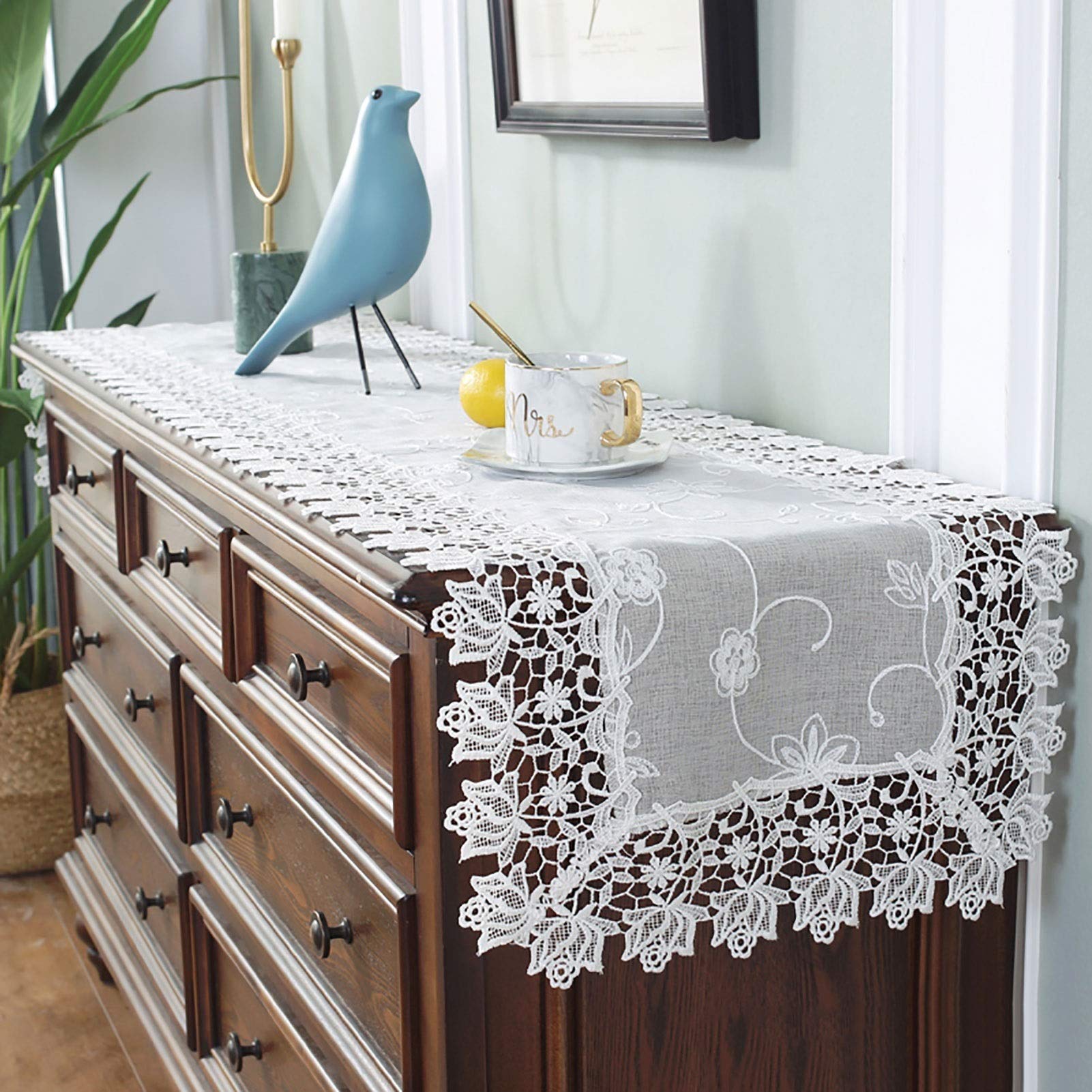 Frinza One Color Table Runners Beige Rectangular Lace Cloth Embroidery Table Runner Coffee Tablecloth Fireplace Cabinet Chest Of Drawers Bedside With Dust Cover Towel(40 * 240Cm)