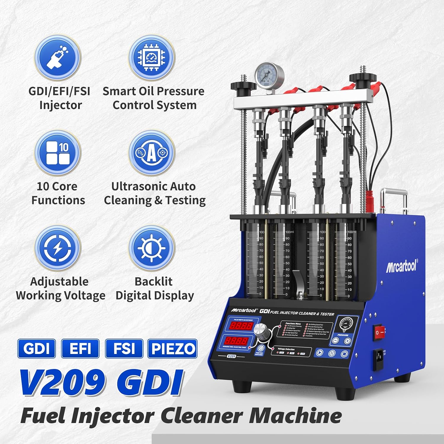 BELEY GDI Fuel Injector Cleaner Tester Machine, V209 Heating Ultrasonic Fuel Injection Cleaner with 4-Cylinder for PIEZO/EFI/FSI Gasoline Diesel,Motorcycle, 110V