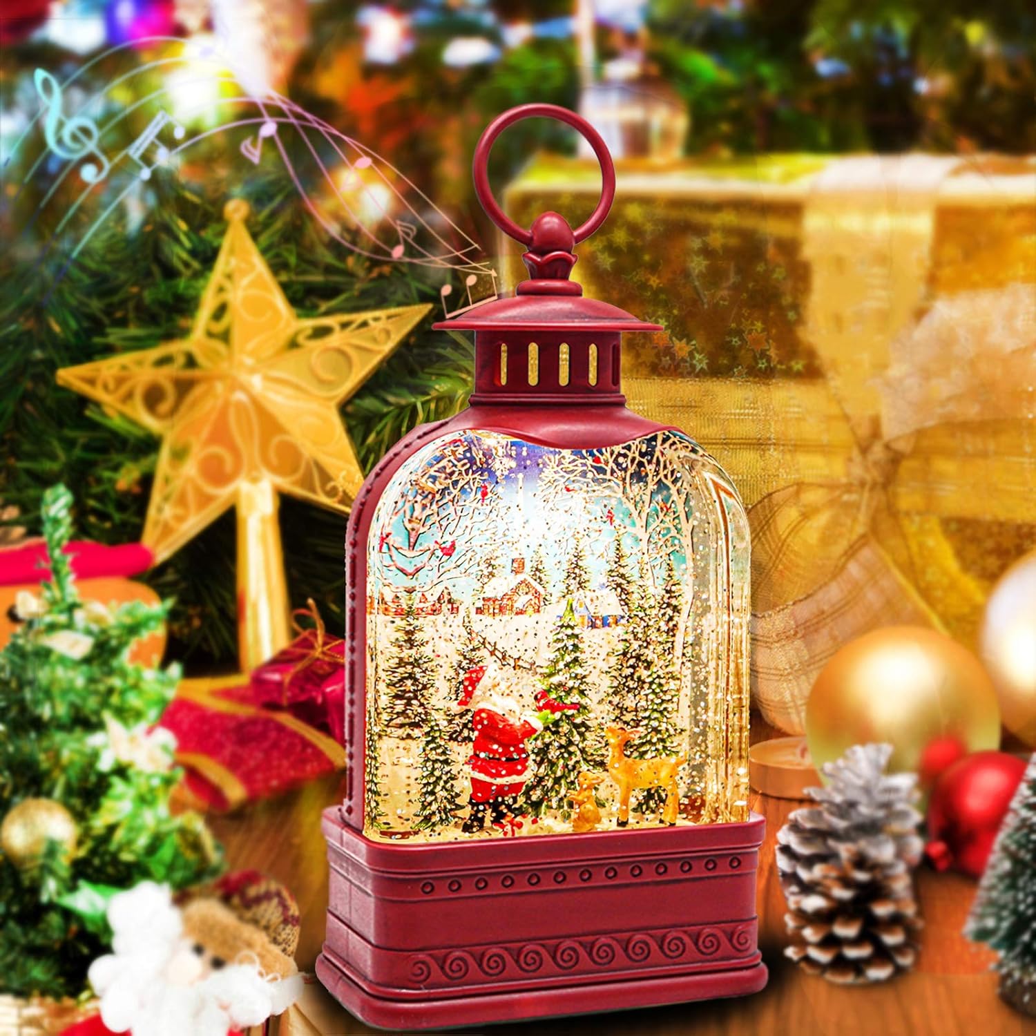 Melunar Christmas Snow Globe Lantern, Music Christmas Snow