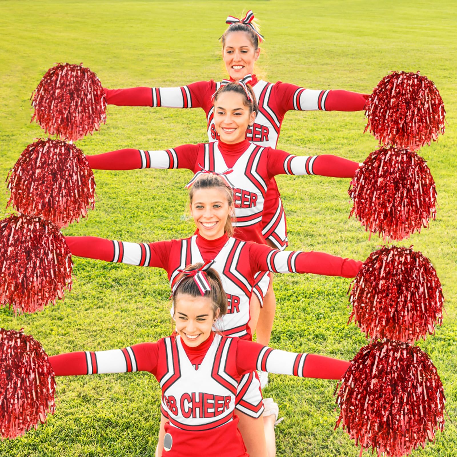 Lot de 60 pompons de pom-pom girl en vrac avec poignées en plastique, pompons de pom-pom girl pour enfants et adultes (rouge)
