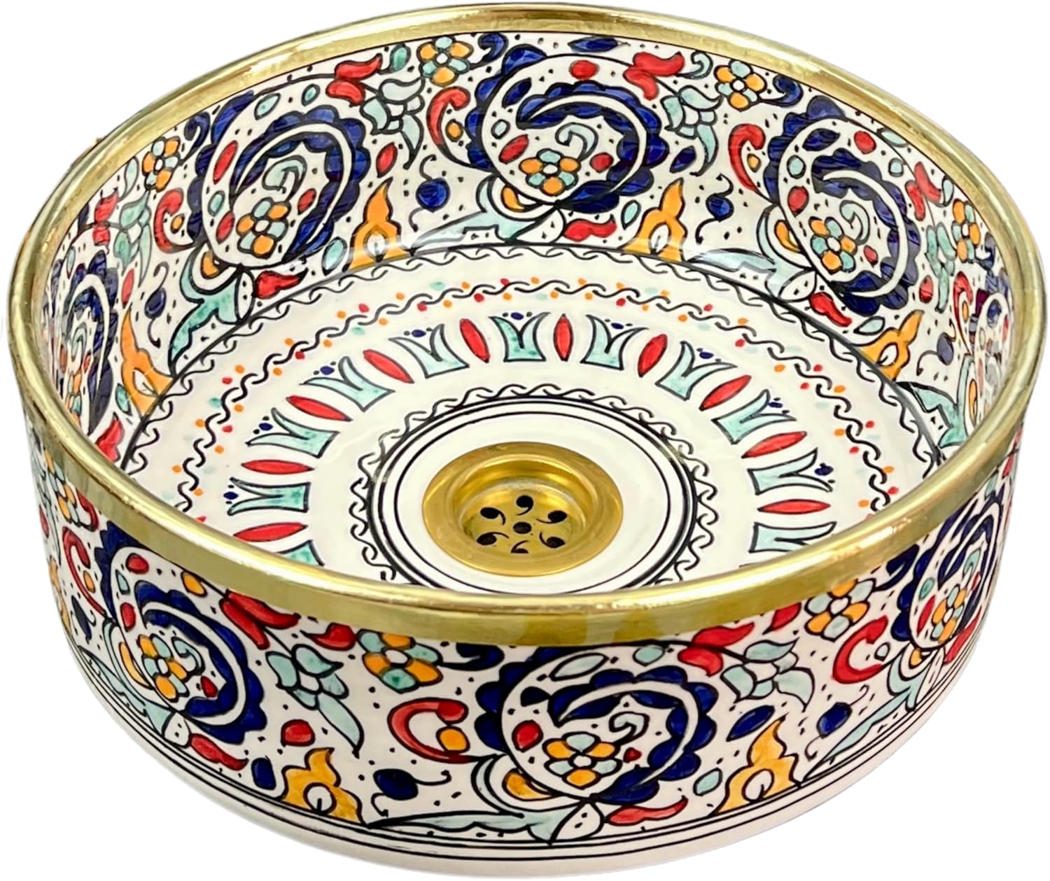 Multicolor Floral Ceramic Bathroom Sink with Brass Gold Edge - Hand-Painted Round Countertop Vessel Basin (Red, 8in = 20cm)