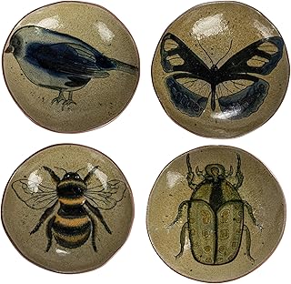 Creative Co-Op Stoneware Plate Set with Insect and Bird Designs, Multicolor, Set of 4