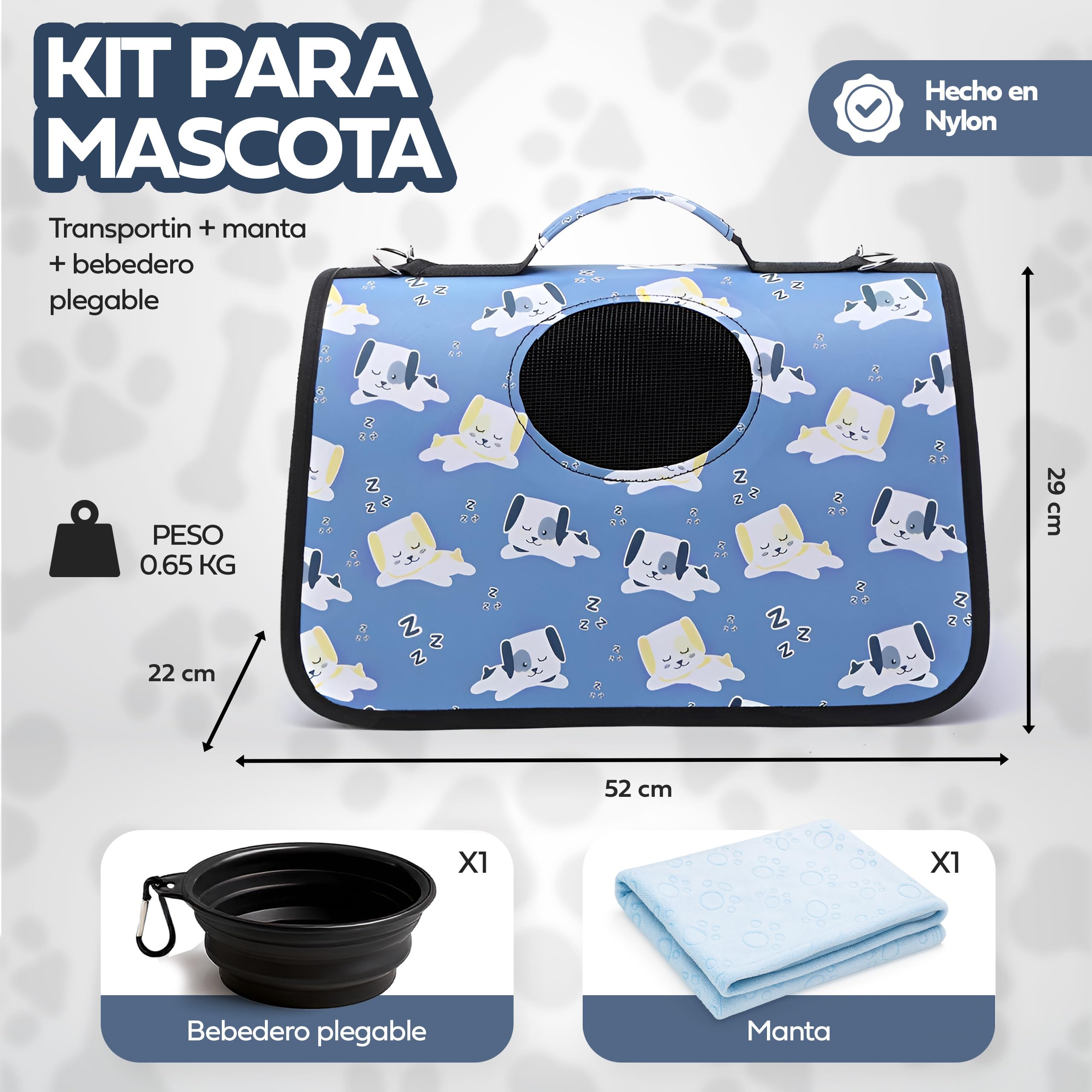Transportin Perro de Tela Pequeño Mediano Plegable Bolsa Mochila Transportín Gato Grande Bolso Conejo Mascotas – Set con Plato y Manta Viaje