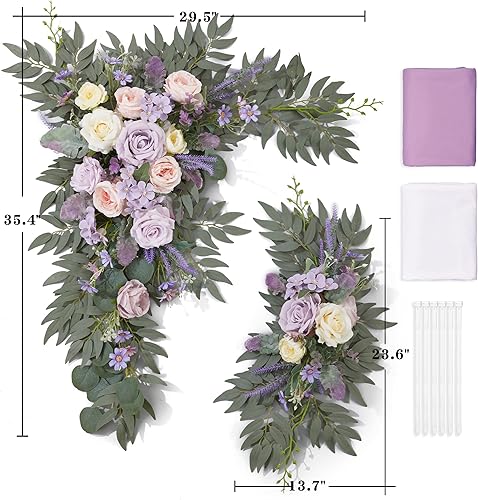 Miniatura 9 de Juego de flores de arco de boda con cortina (paquete de 4)  2 guirnaldas de flores artificiales con 2 telas drapeadas para decoración de cenadores