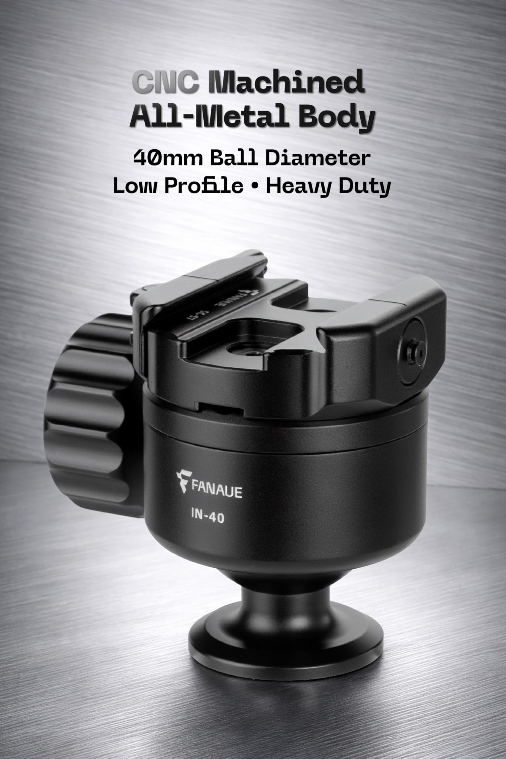 FANAUE IN-40T Testa fluida per treppiede, a basso profilo, 40 mm, testa a sfera compatibile con Arca Swiss/RRS, testa a sfera con filettatura da 3/8" con piastra a sgancio rapido per monopiede, DSLR