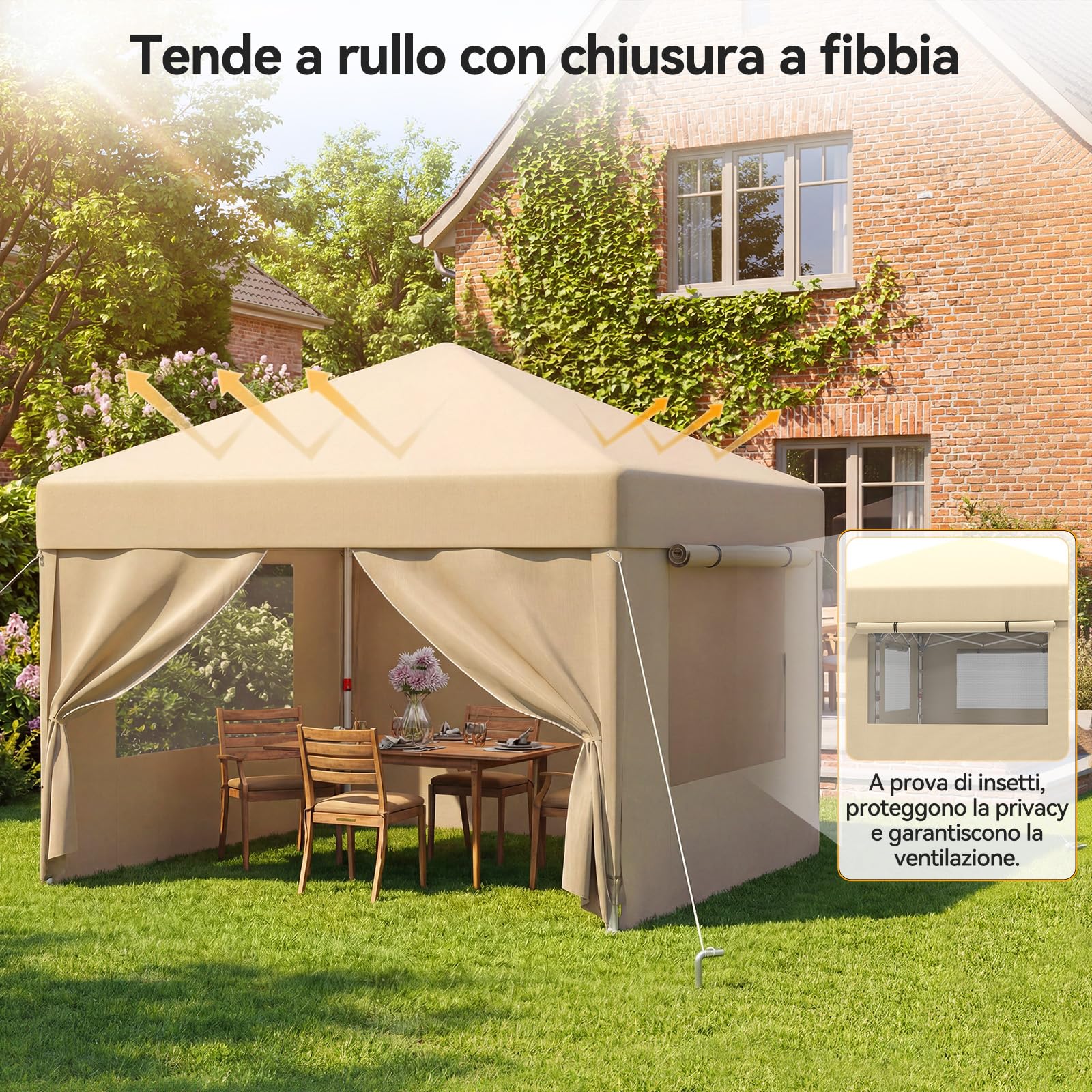 JUMMICO Gazebo 3x3 Pieghevole Impermeabile｜Zanzariera Arieggiata Anti-Insetti｜Robusto, Durevole, Impermeabile e Anti-UV｜Installazione e Rangement Rapidi｜Ideale per Cortile, Campeggio e Altro｜Beige