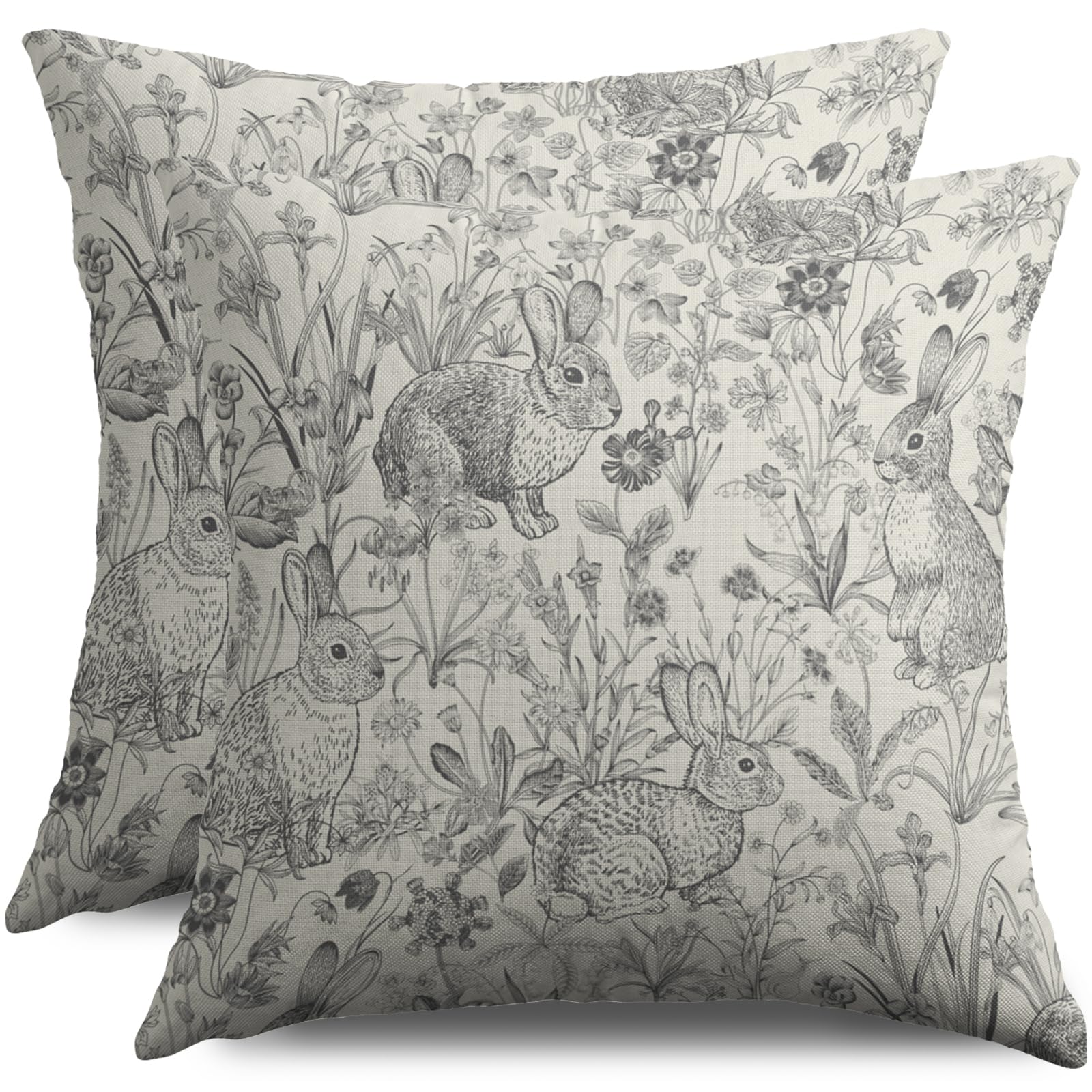Easter Spring Grey Gray Pillow Covers 18X18 Set of 2, Vintage Flower Rabbit Bunny Floral Botanical Print Decorative Throw Pillow Covers Outdoor