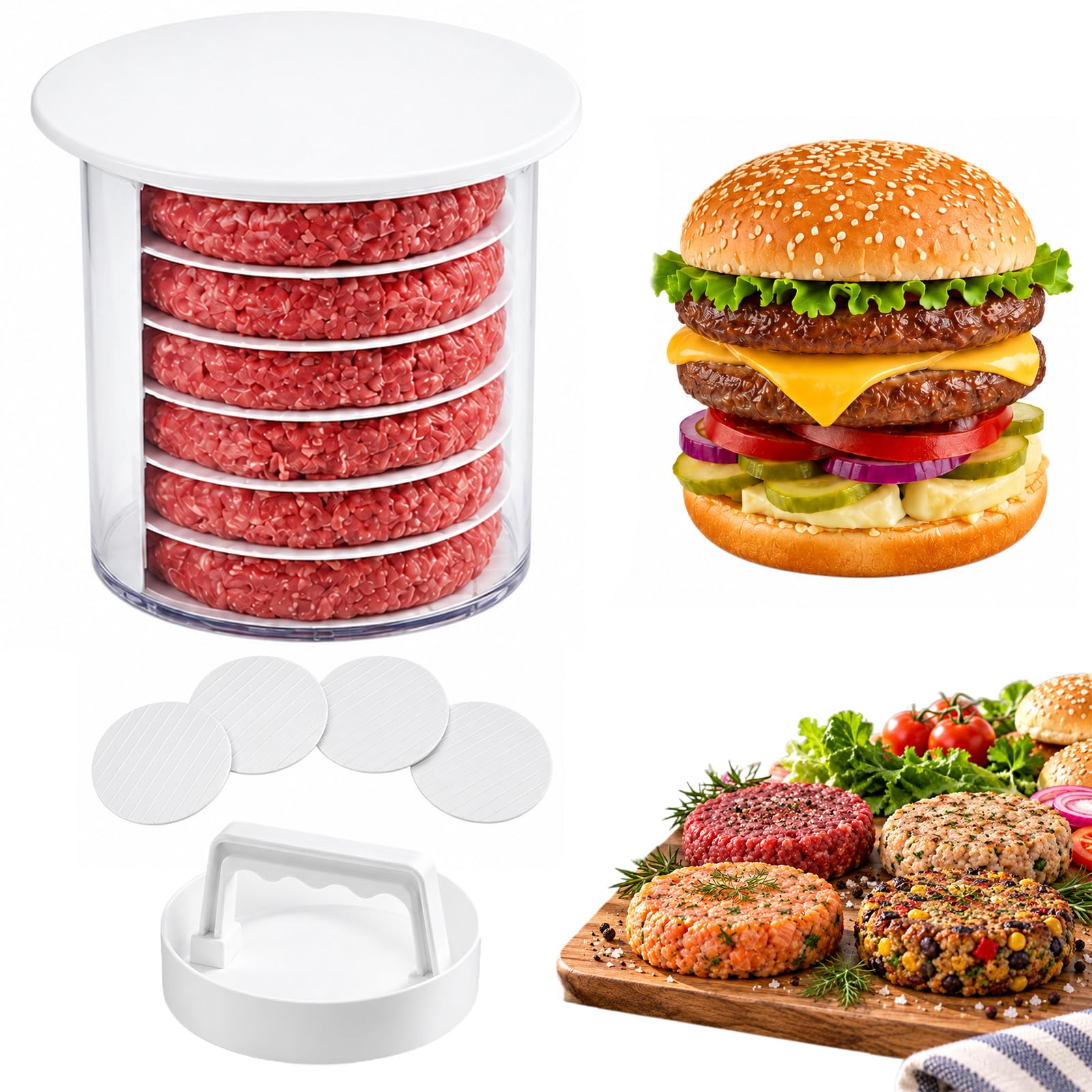 Burger Patty Maker Press with Storage Container, Stackable Hamburger Mold with Separator Discs for Beef, Veggie Patties, 4–12 Patty Capacity (4) — image 1