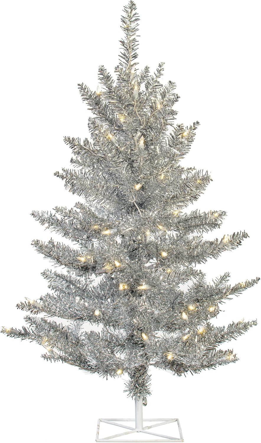 Vickerman 3' Silver Tinsel Fir Artificial Christmas Tree - Warm White Dura-lit LED Lights - Faux Silver Christmas Tree - Seasonal Indoor Home Decor - Reliable and Durable
