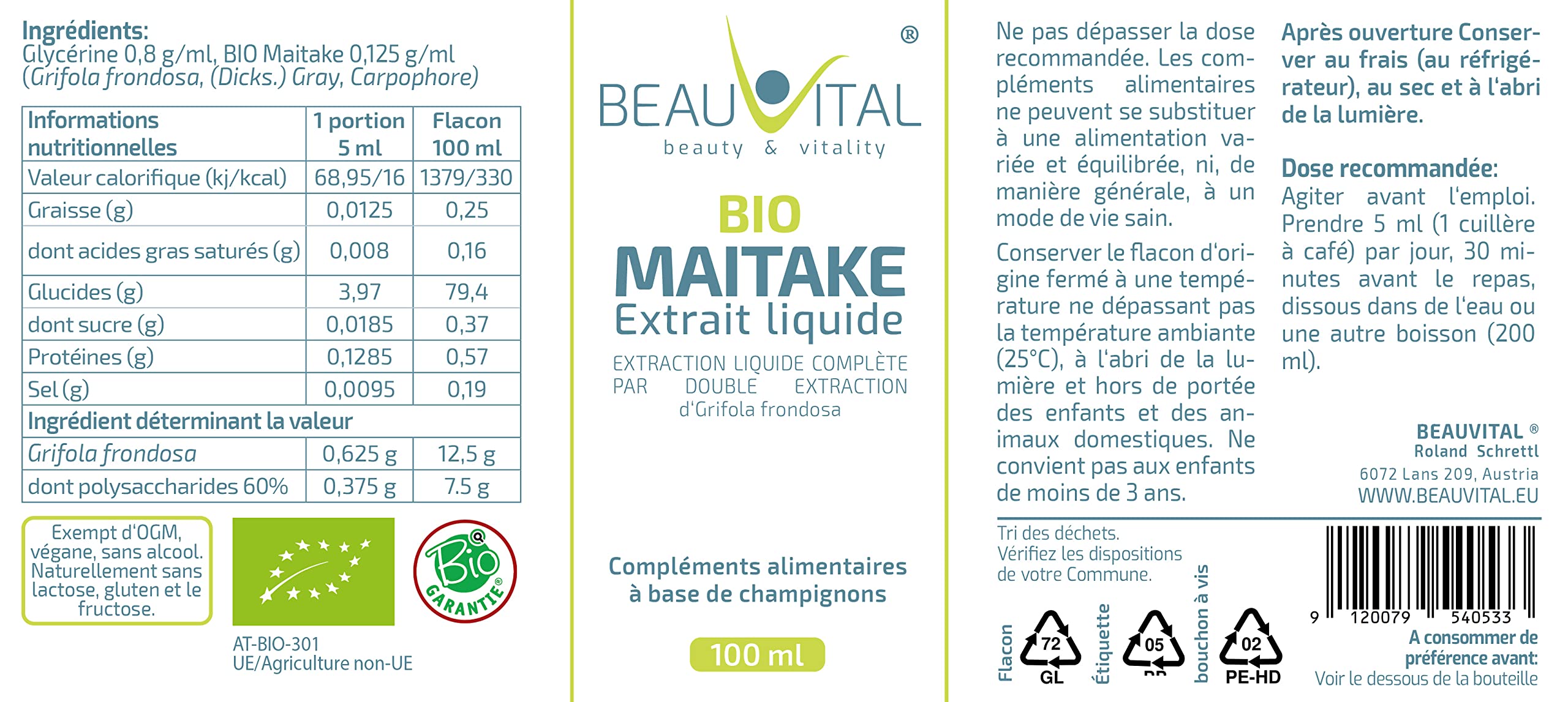 Bio Maitake Extrait liquide Grifola frondosa par double extraction en glycérine, 100 ml