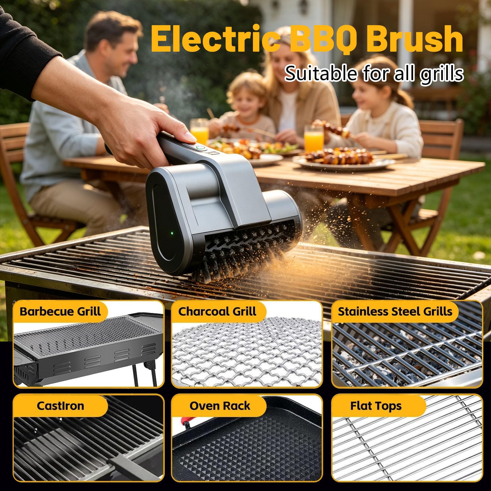 Spazzola Elettrica per Barbecue con Paraspruzzi, 2 Velocità, Luce LED, 3 Testine Intercambiabili – Potente Pulizia per Tutte le Griglie – Pulisci Griglia Bbq Elettrico, Grill Brush Elettrico