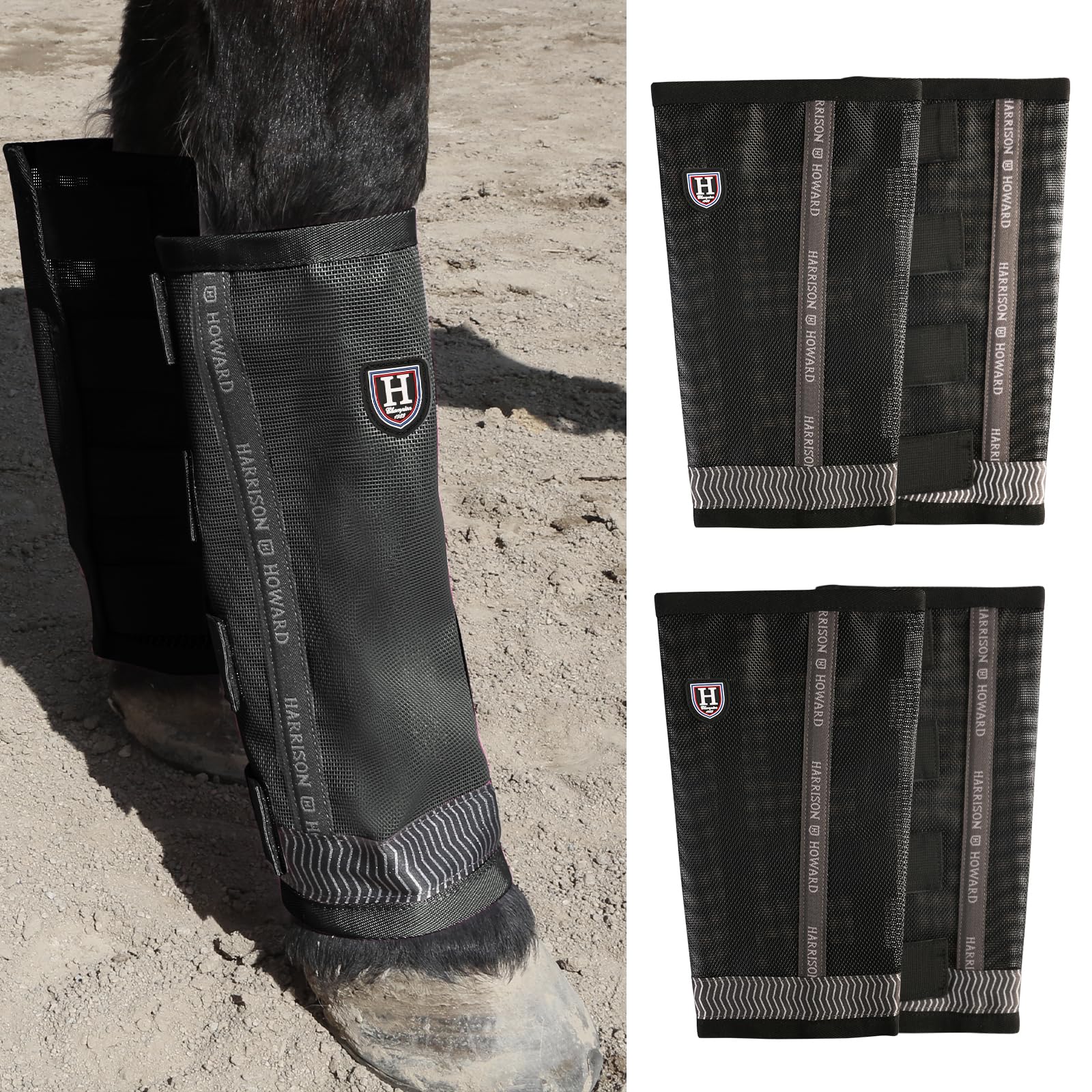 Harrison Howard Loose-Fitting Horse Fly Boots UV-Protective, Breathable Fine Mesh Leggins Stay-on Comfortable Fly Boots with Reflective Strips for Extra Safety (Set of 4) Black Cob (Medium)