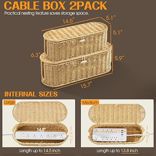 Miniatura 3 de FairyHaus Cable Management Box 2Pack Caramel, Handwoven Large and Small Cable Organizer Box Cover to Hide Cords and Power Strip, Imitation Wicker