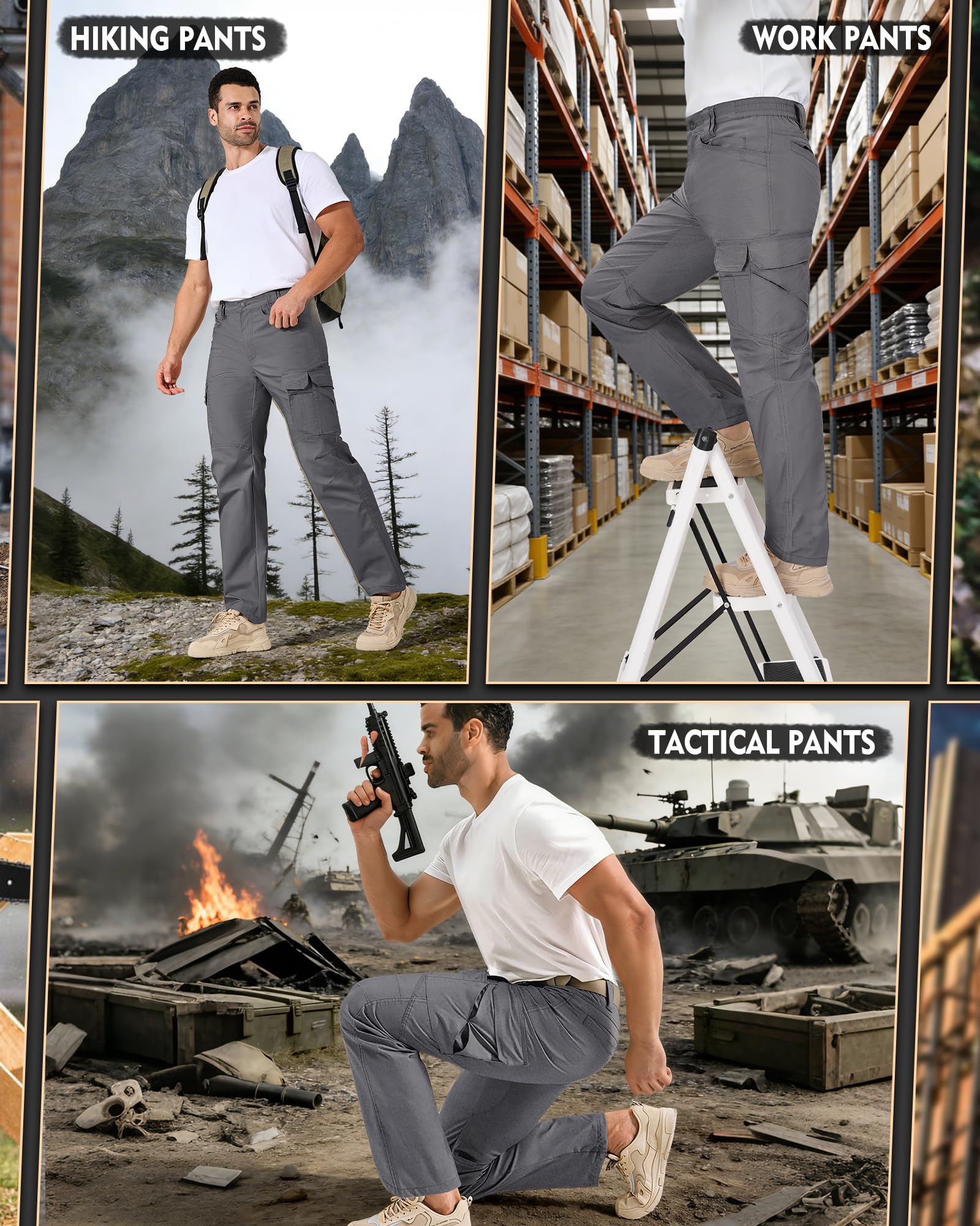 IGOLUMEN Work Pants for Men Stretch Tactical Pants with 11 Pockets Ripstop Cargo Pant Construction Utility Trouser Hiking EDC,Grey — view 6