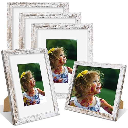Nacial 8x10 Picture Frame Set of 5,Display Pictures 5x7 with Mat or 8x10 Without Mat, Tempered Glass for Table Top Display and Wall Mounting Wooden Photo Frame White