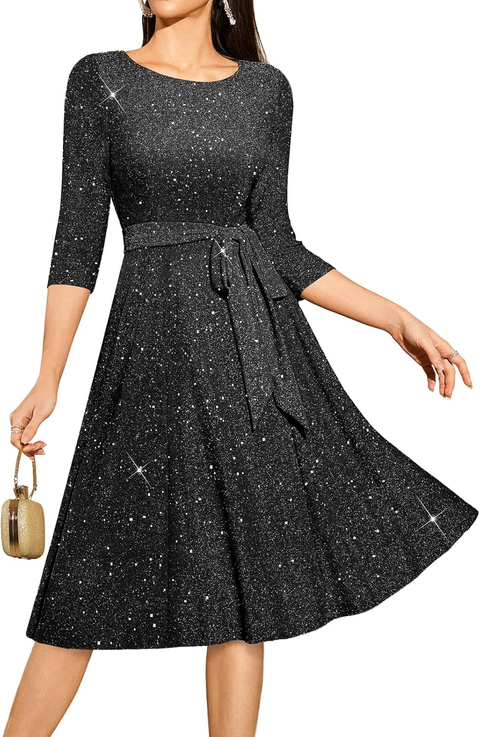 DRESSTELLS Sequin Cocktail Dresses for Women, Formal Wedding Guest 3/4 Sleeves Sparkly Evening Party Dress