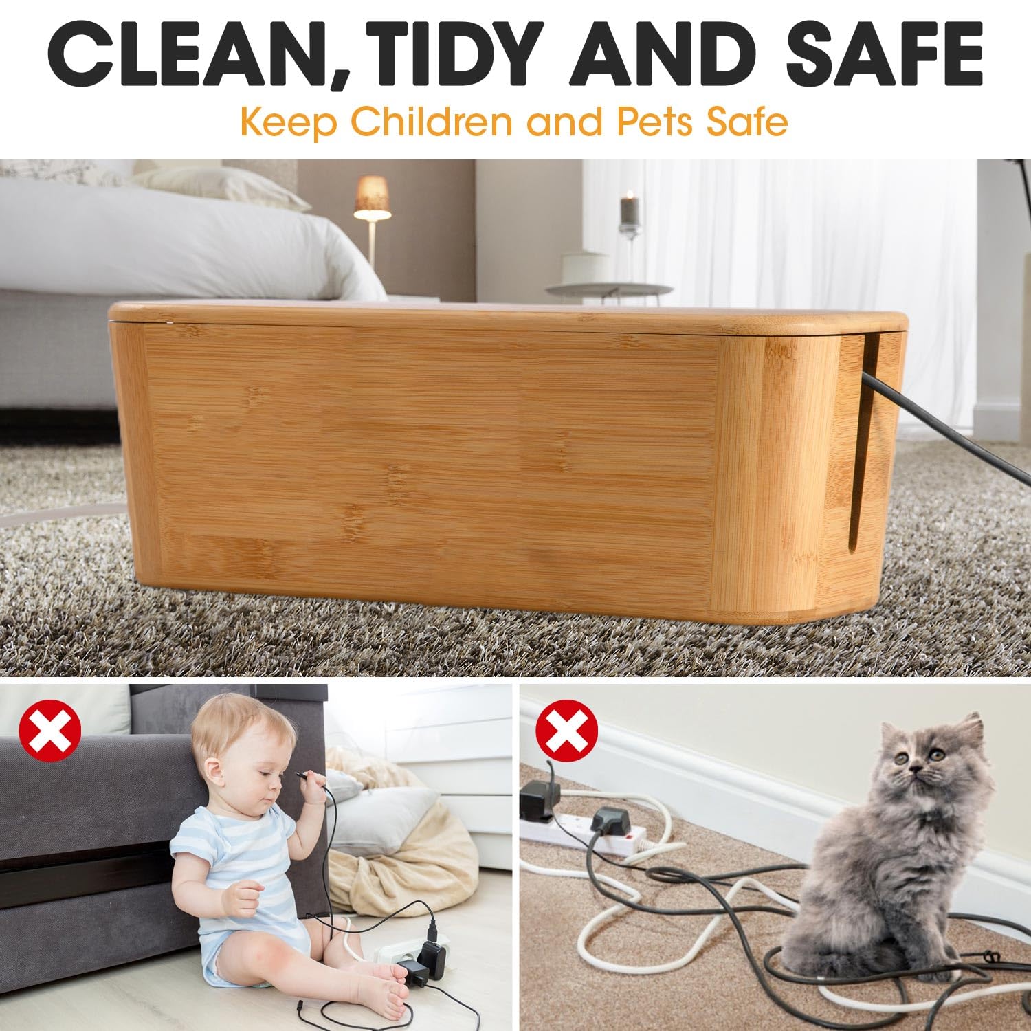 BS-VOG Cable Management Box, Large Bamboo Cord Box Hider to Cover Power Strip, Stylish Cable Organizer Box to Conceal Surge Protector, TV Wires, Chargers on Home Office Desk or Floor, 2 Wide Slots