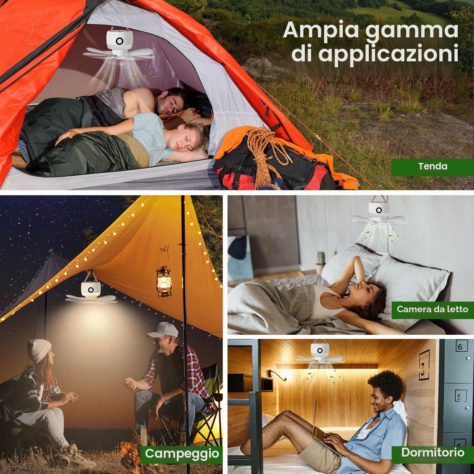Ventilatori da soffitto da campeggio da 8000 mAh con luce, ventilatori da soffitto ricaricabili USB e telecomando, pale staccabili, ventola a 3 velocità, 3 luminosità, luci da campeggio esterne