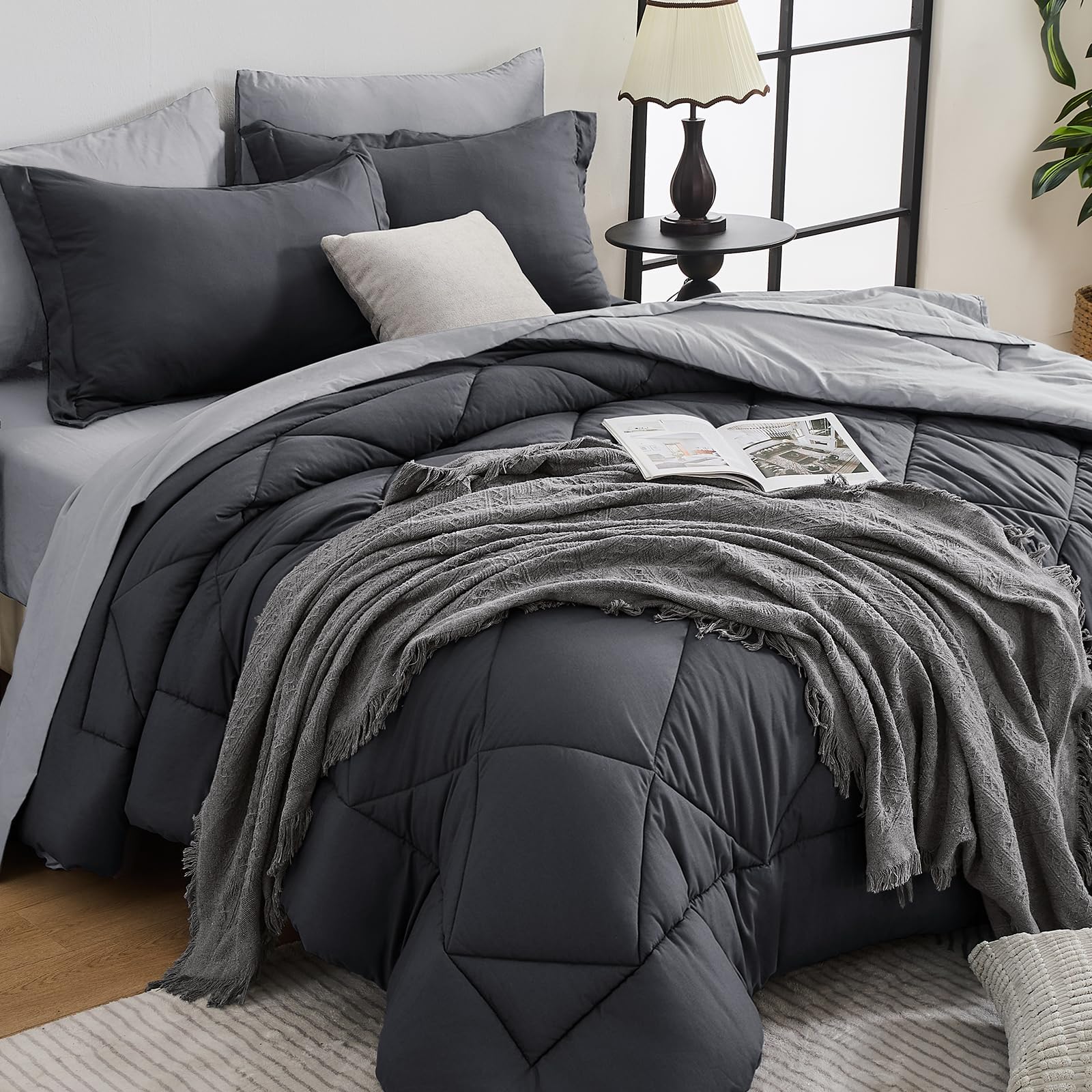 HEVUMYI 7-Piece Oversized King Comforter Set, Dark &amp; Light Grey Bed in a Bag