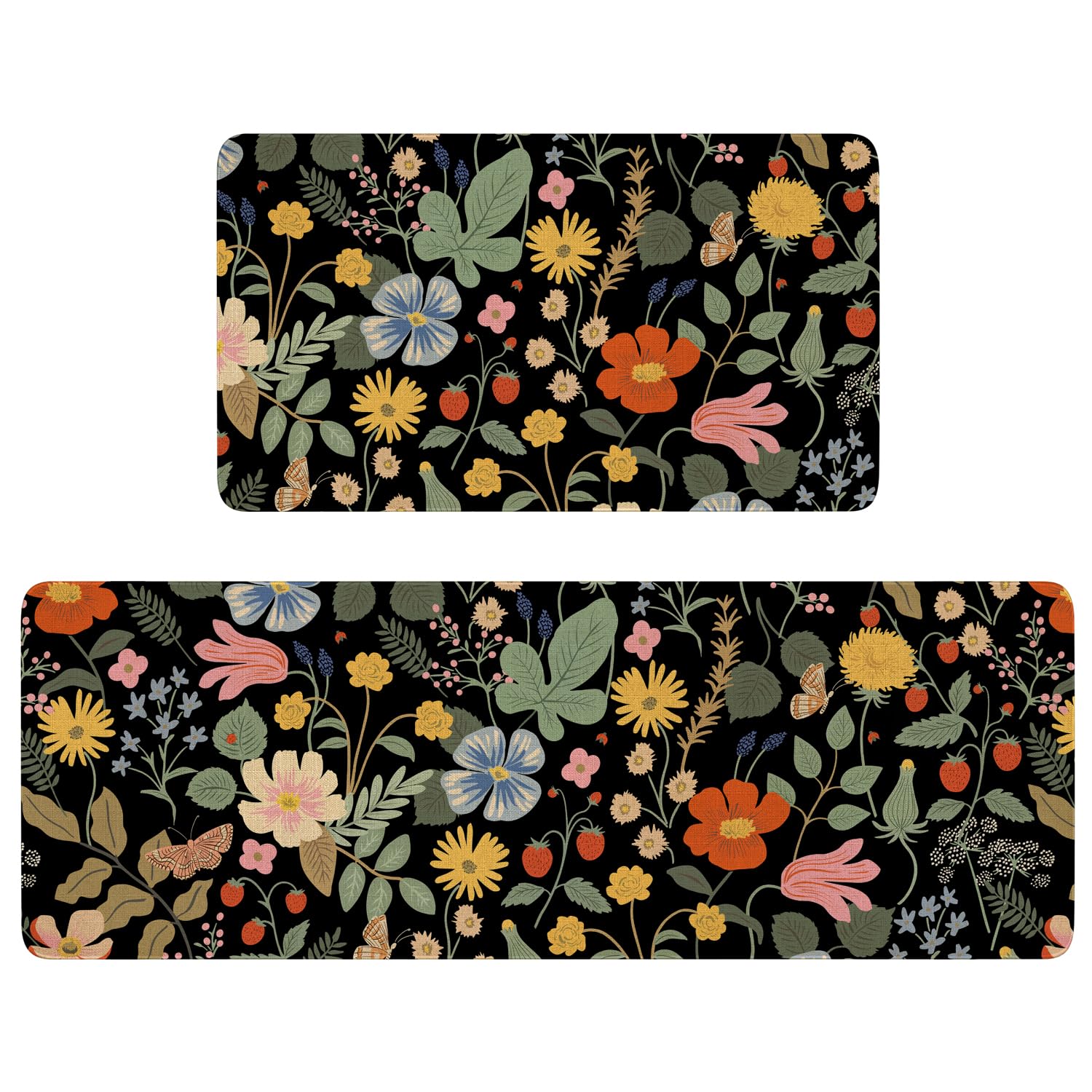 Fuoxowk Boho Strawberry Floral Kitchen Rugs and Mats Set of 2,Spring Summer Black Modern Farmhouse Kitchen Mat,Non Slip Washable Kitchen Floor Sink