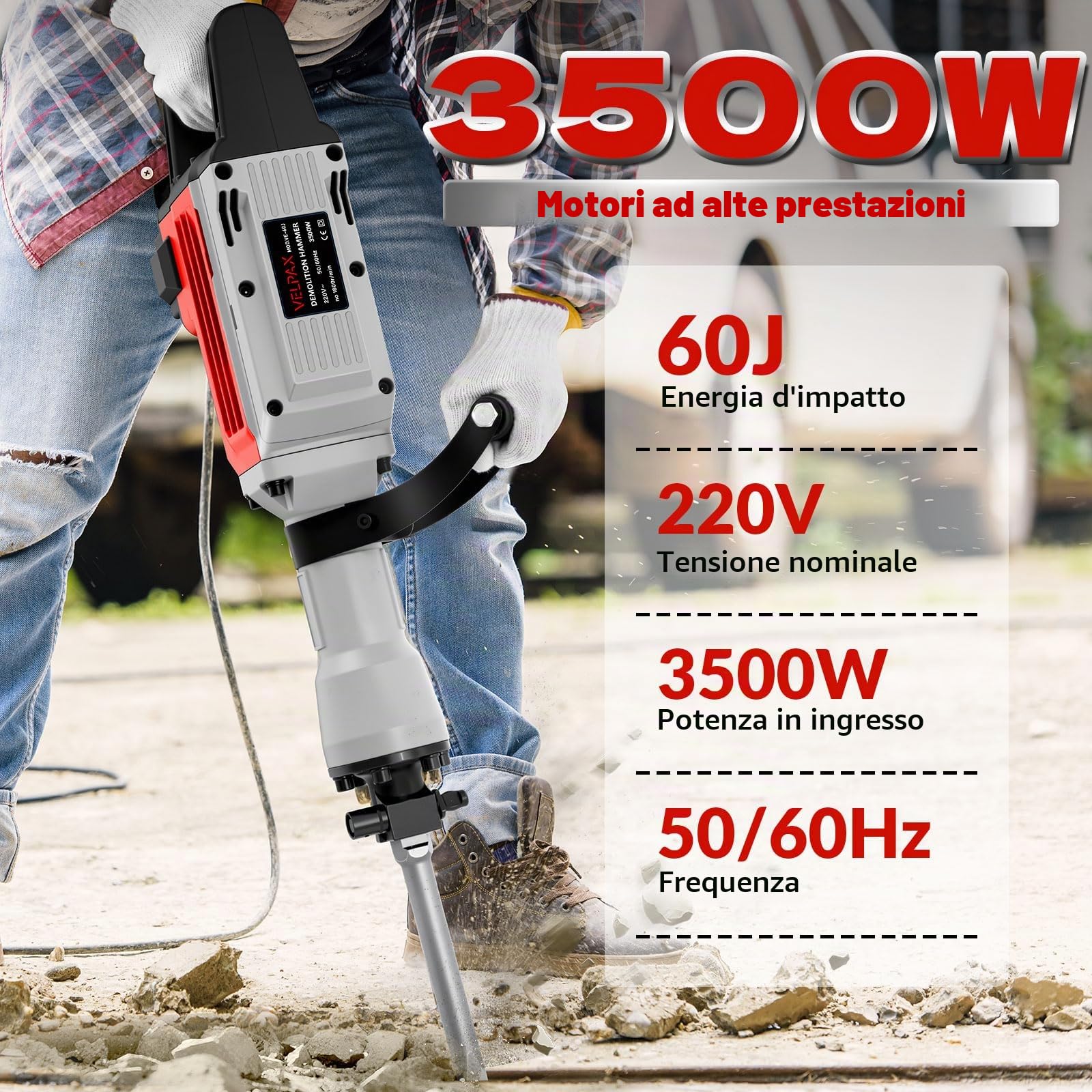 Martello Demolitore 3500W SDS-Hex, 60 Joule, Martello Pneumatico con Impugnatura Anti-Vibrazione, 2 Scalpelli Inclusi e Scatola di Trasporto, Tassellatore per Calcestruzzo e Demolizioni Pesanti