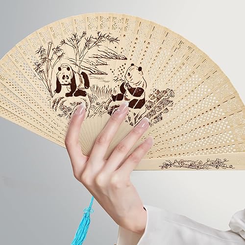 Miniatura 4 de FoDau770 Abanicos plegables de madera, ventiladores de mano de madera clásica, abanicos de mano de madera con patrón de panda con borla para