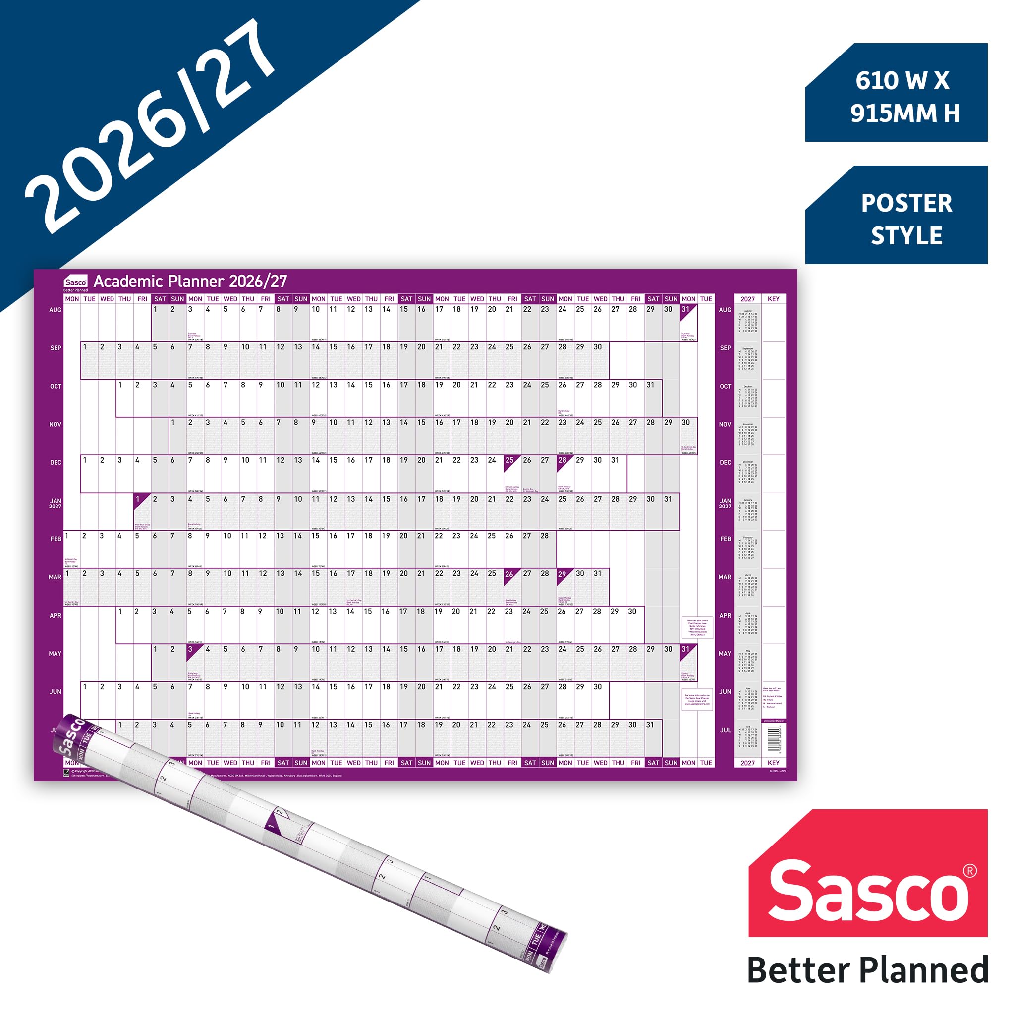 Sasco 2026/27 Academic Year Wall Planner – Poster Style Calendar with Wet Wipe Pen & Stickers, 91.5x61cm, Purple – 2026 Calendar UK & ROI Holidays Marked – Designed for Teachers and Students