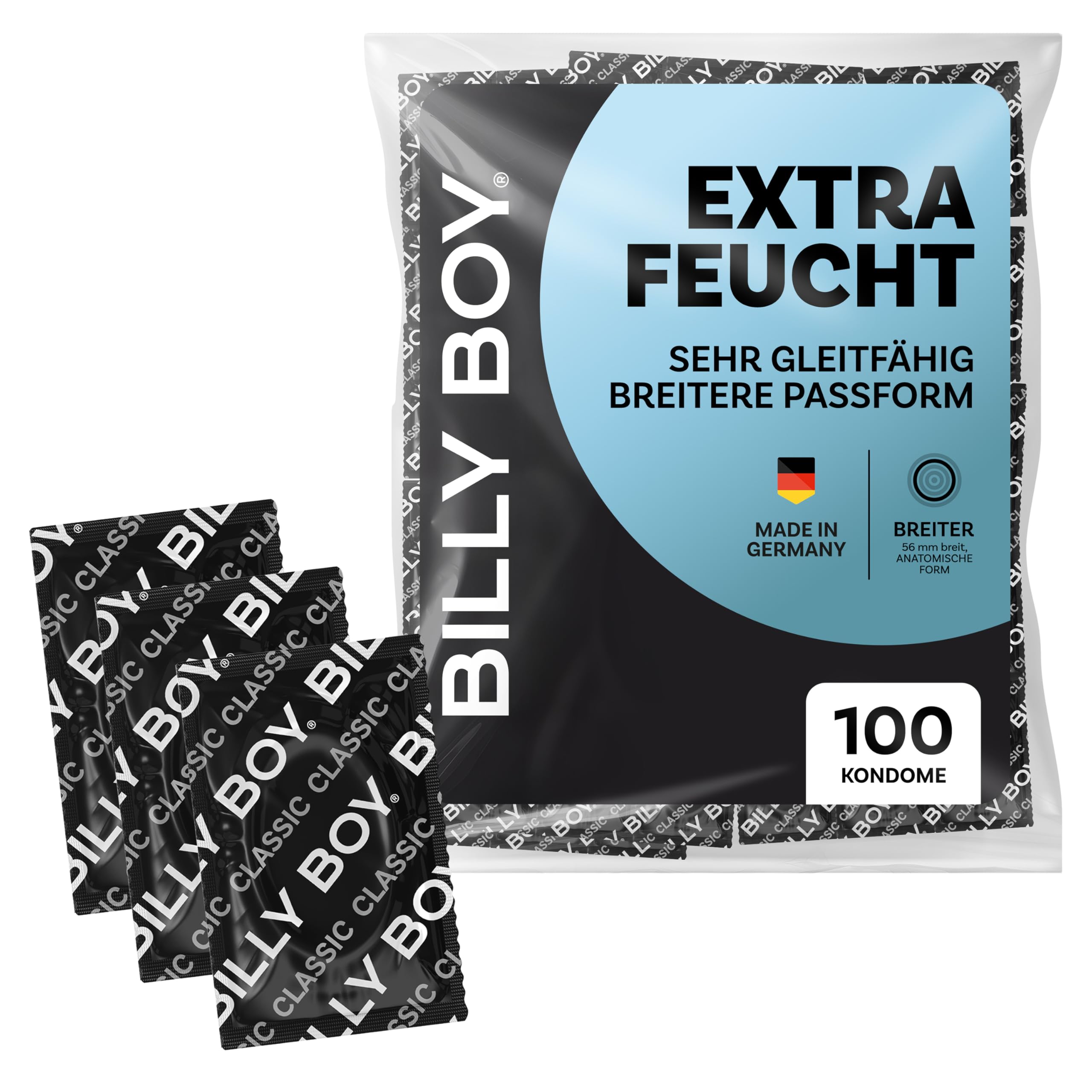 BILLY BOY Kondome Extra Feucht 100er | 56 mm | Kondome BREITER mit mehr Gleitfilm & angenehmen Duft | 100 Stück