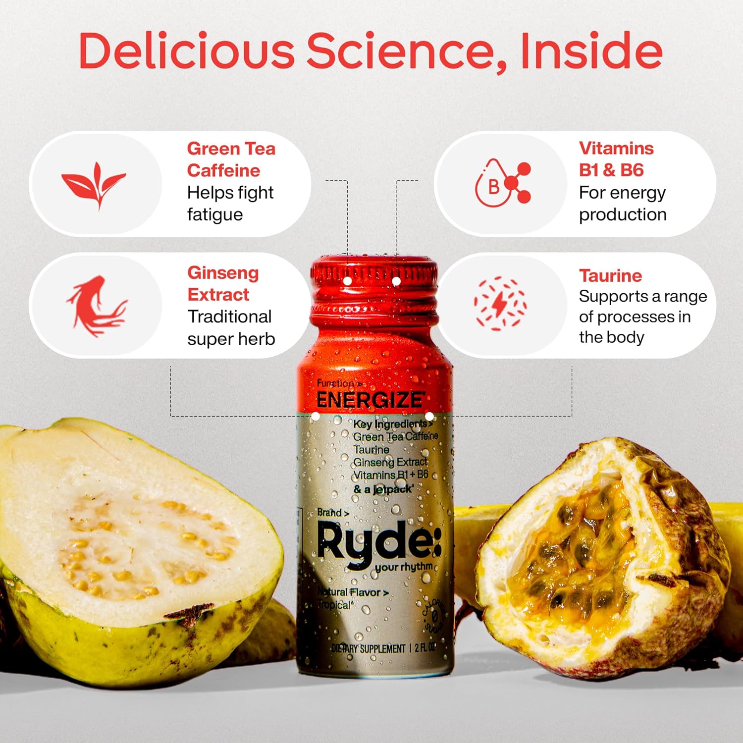 Ryde: Energize Shot | Tropical Flavor | Green Tea Caffeine, Taurine, Ginseng Extract & B Vitamins | 0 Calories, 0 Sugar | 2 FL OZ Shots | Boosts energy* (8 Pack) - Image 4