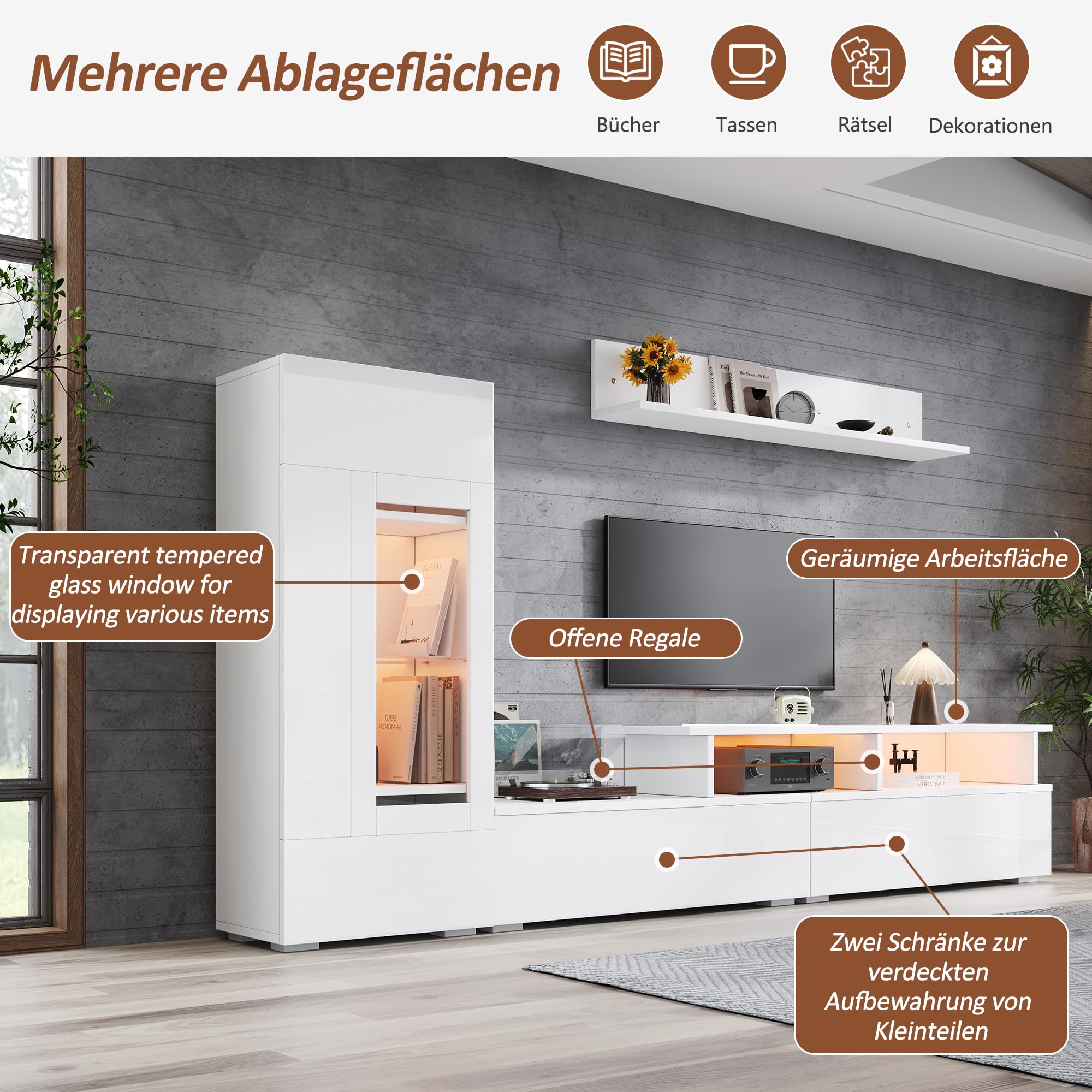 Set di mobili da soggiorno per TV da 3 pezzi con illuminazione LED, mobili da soggiorno ad alta luminosità, mobile frontale per TV, 1 mobile per TV, 1 mobile vetrina per soggiorno, scaffale