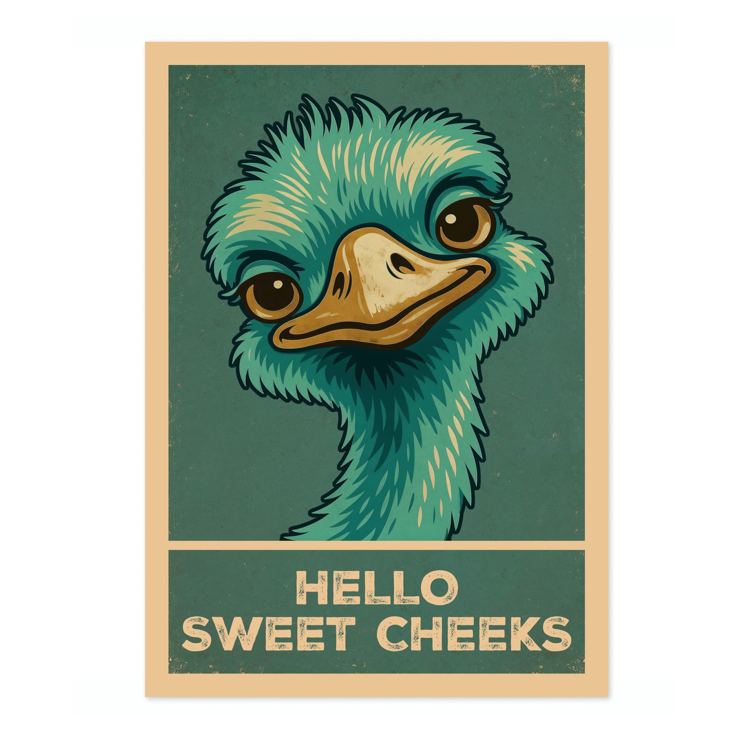 Hello Sweet Cheeks Ostrich Poster, Retro Animal Bathroom Print, Comedy Toilet Wall Art, 50x70cm (Print Only) - 50x70cm