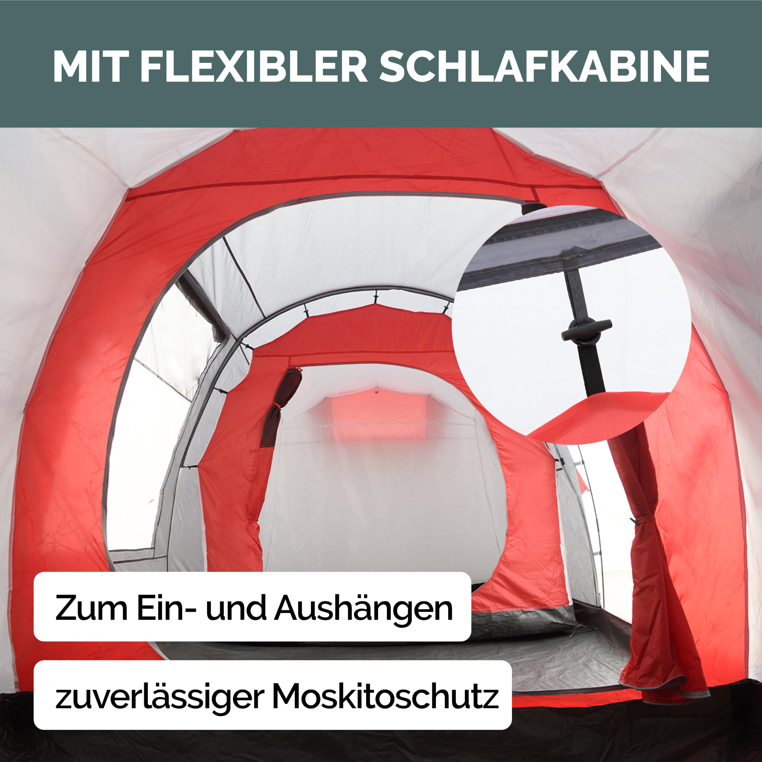 JUSTCAMP Lake XXL Familienzelt für 6 Personen - wasserdichtes Tunnelzelt mit 2 Schlafkabinen, großem Vorraum & Stehhöhe
