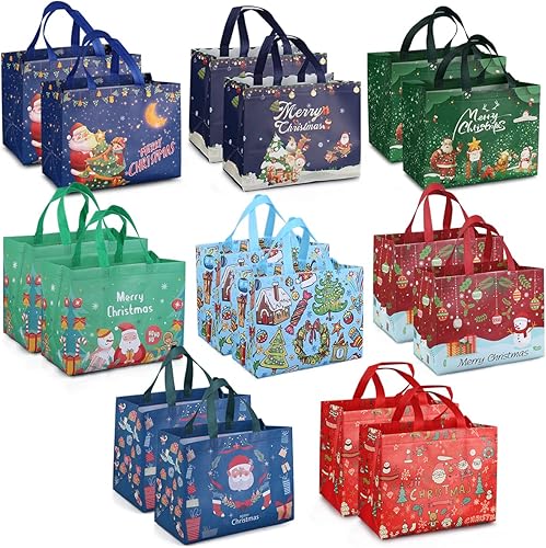 Aviski Bolsas de regalo de Navidad, 16 unidades, bolsas de mano con asas, bolsas de regalo de Navidad, bolsas de Navidad multifuncionales no tejidas