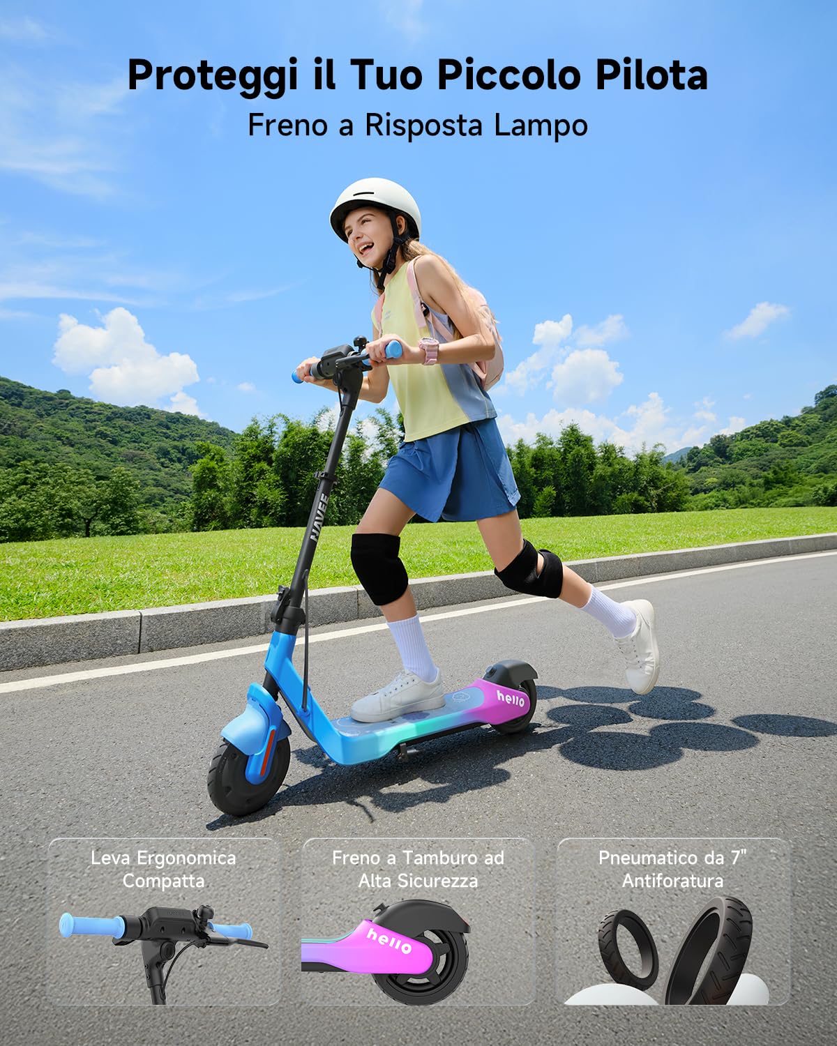 NAVEE K100 Serie Monopattino Elettrico Bambini, Controllo Parentale via APP, Autonomia 14-24 km, Velocità 16 km/h, Luci Ambientali, Pneumatici 7", 3 Altezze Regolabili, 6-14 Anni