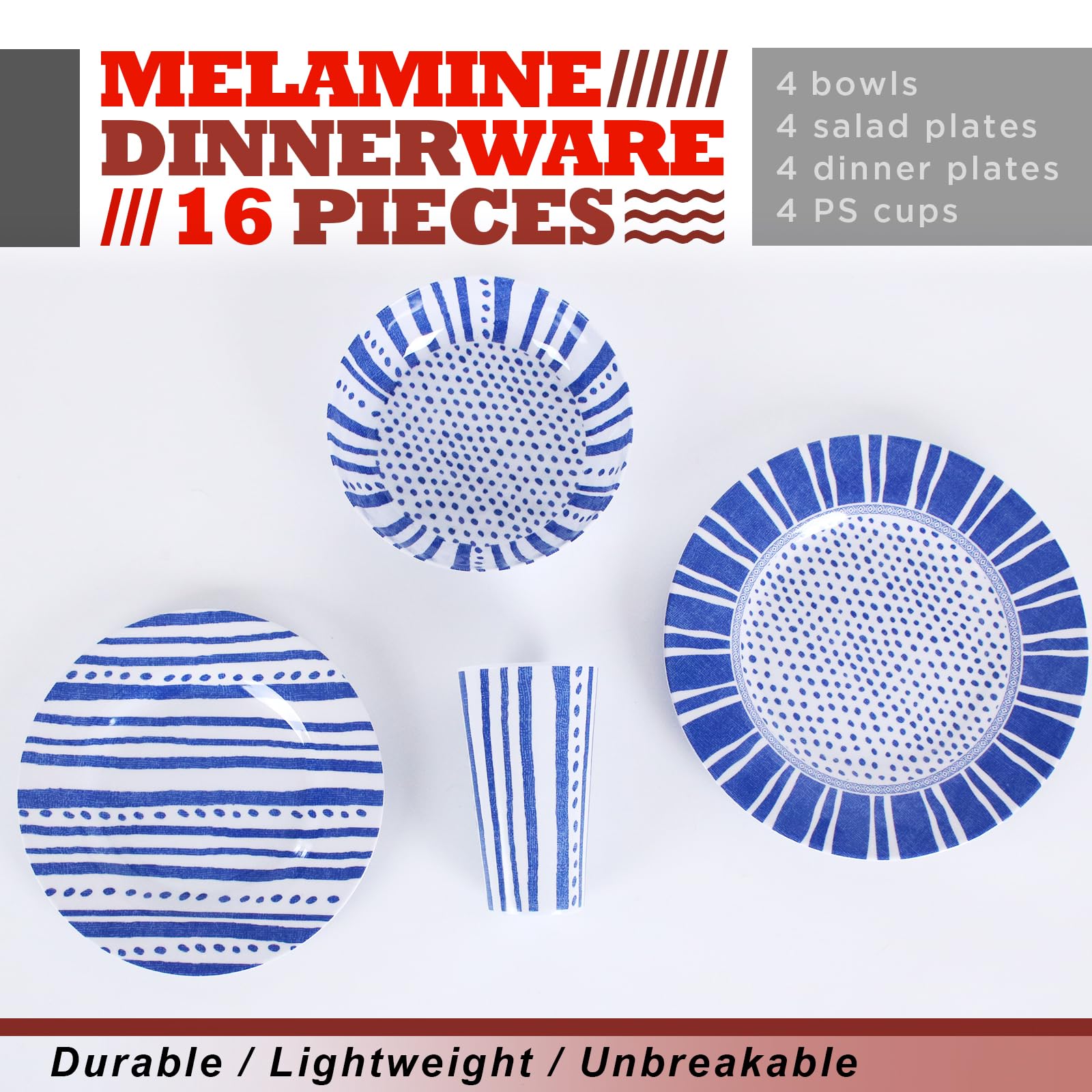 Juego de vajilla de melamina para 4-16 piezas: juego de platos de camping con platos llanos, platos de ensalada, tazas y cuencos. Ligero e irrompible. Uso en interiores y exteriores. Flor 10