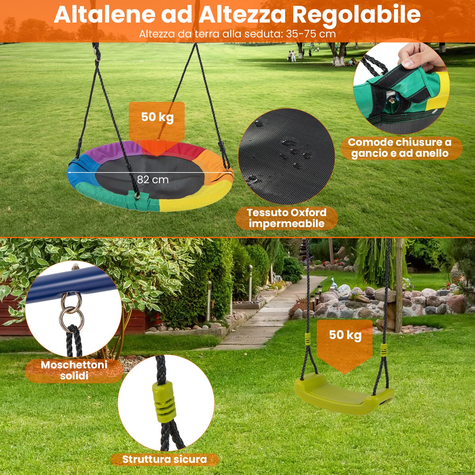 COSTWAY 4 in 1 Set di Altalena da Giardino per Bambini con Scivolo, Canestro Basket, Altalena a Nido, Altalena con Sedile, Corde Regolabili e Struttura in Metallo, per Interno ed Esterno