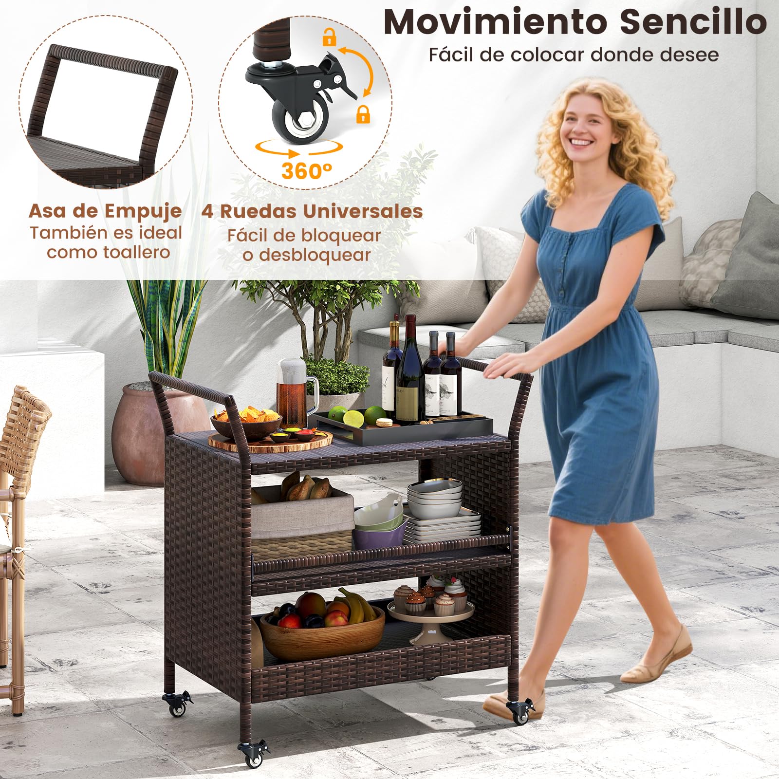 COSTWAY Carrito de Cocina de Ratán, Carro de Servicio Portátil de 3 Niveles con 4 Ruedas Bloqueables y Asas Laterales, Mesa de Exterior para Jardín y Patio, Color Marrón Mixto, 86x50x89cm