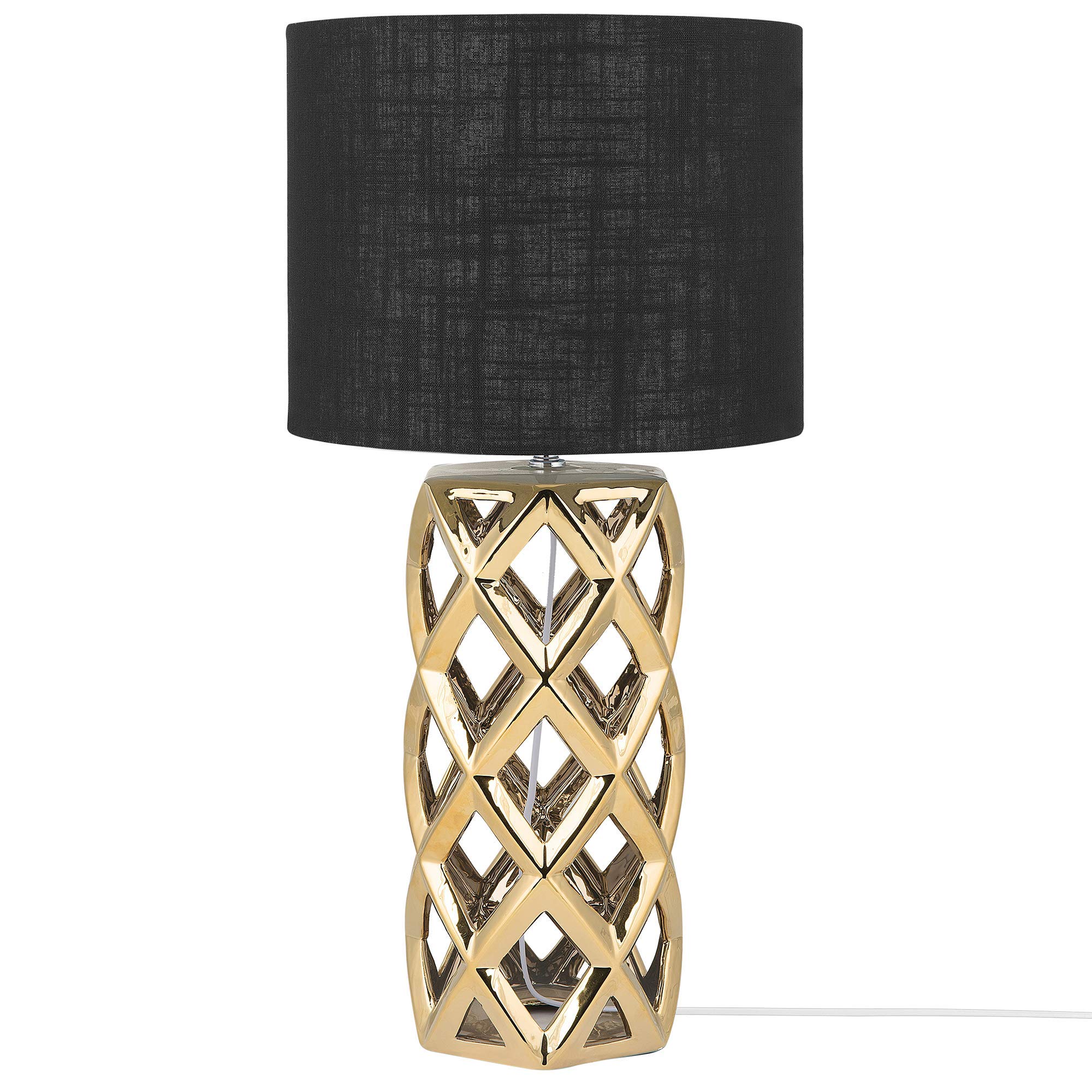 Beliani Tischlampe Keramik geometrisch gold mit Stoffschirm Trommelform schwarz Sejla