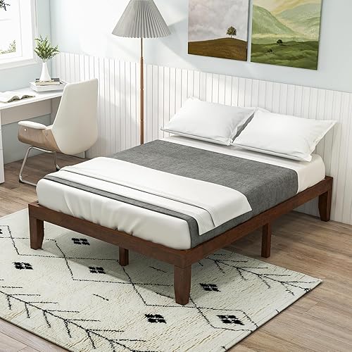 Miniatura 22 de Giantex Base de cama de plataforma de madera matrimonial de 14 pulgadas, base de colchón de estilo minimalista con madera de goma maciza, soporte de