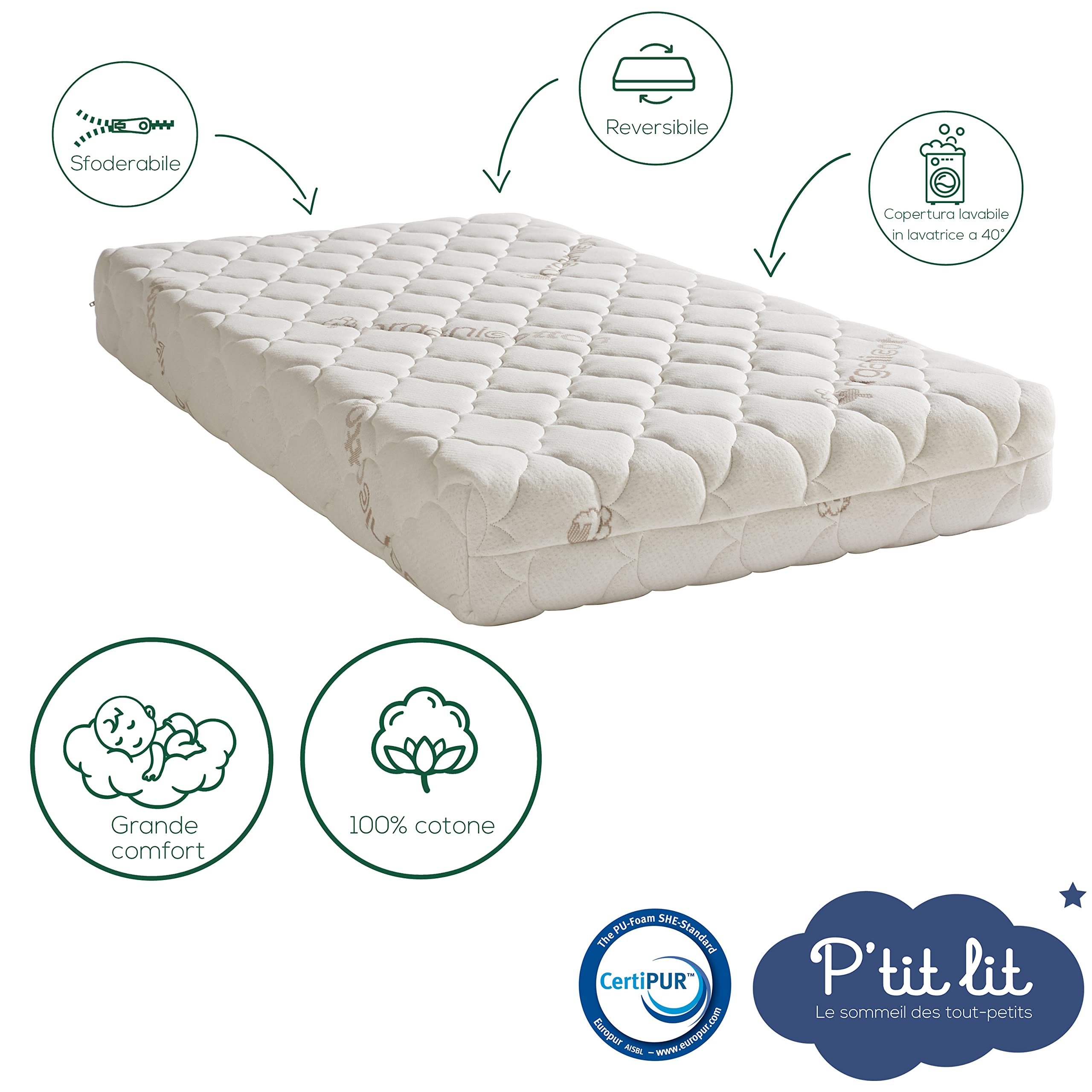 P'tit Lit - Materasso Lettino Cotone Biologico | 60x120 cm | 100% Cotone: Materia naturale di origine vegetale | Senza trattamento chimico | Sfoderabile | OekoTex® | Fabbricazione europea