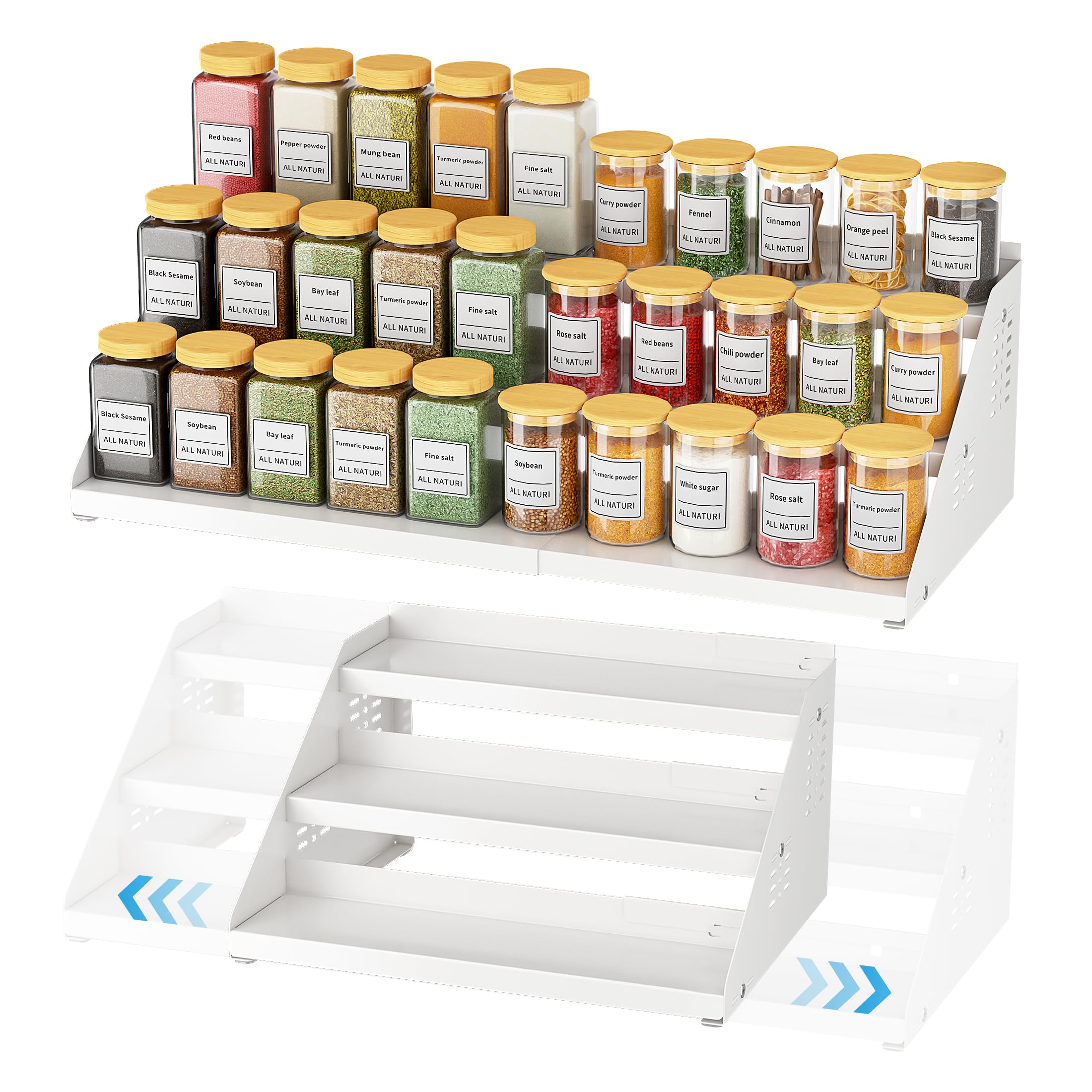 Étagère à épices extensible à 3 niveaux pour armoire, largeur extensible et réglable, organisateur d'assaisonnement pour armoire, comptoir, garde-manger, Blanc